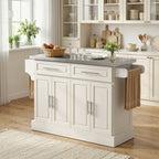 Rolling Kitchen Island with Stainless Steel Top, 2 Drawers, Spice, Knife and Towel Rack and Cabinets, Cream White