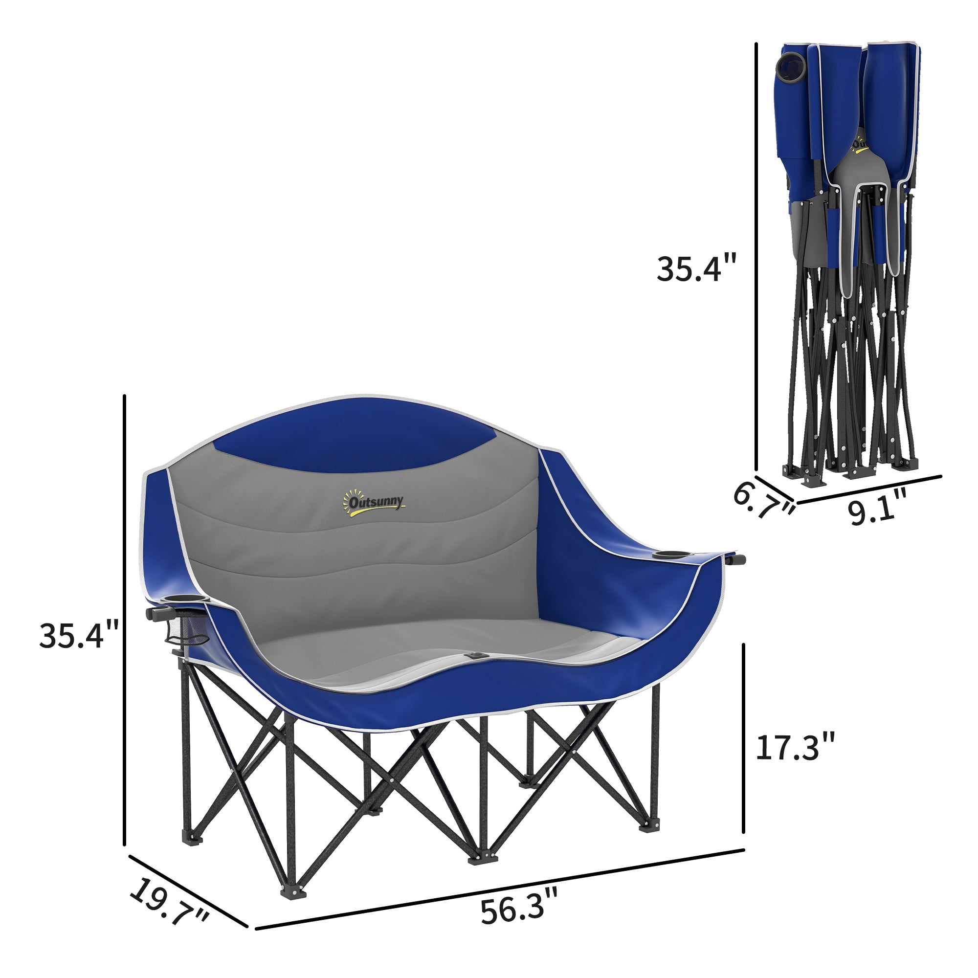 Padded Folding Camp Chair for Adults, Double Camping Chair with Armrests, Cup Holders, Carry Bag for Outdoor, Blue