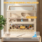 Wooden Hamster Cage, 3-Tier Small Animal Cage with Hut, Seesaw, Ramps, Exercise Wheel, Acrylic Panel and Bottom Tray