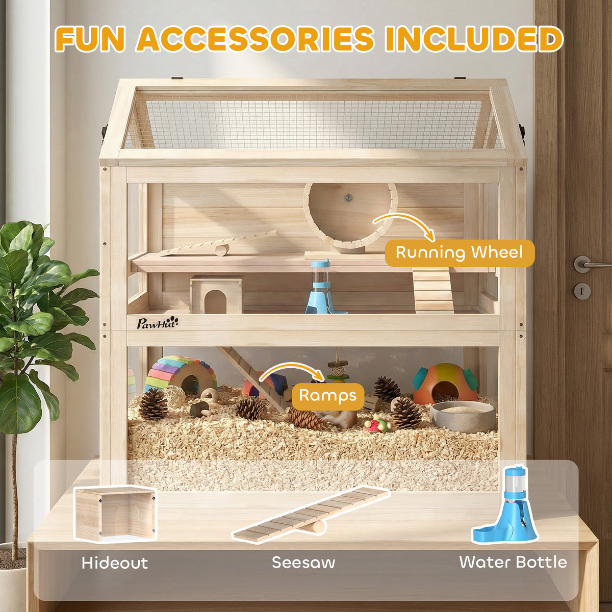 Wooden Hamster Cage, 3-Tier Small Animal Cage with Hut, Seesaw, Ramps, Exercise Wheel, Acrylic Panel and Bottom Tray