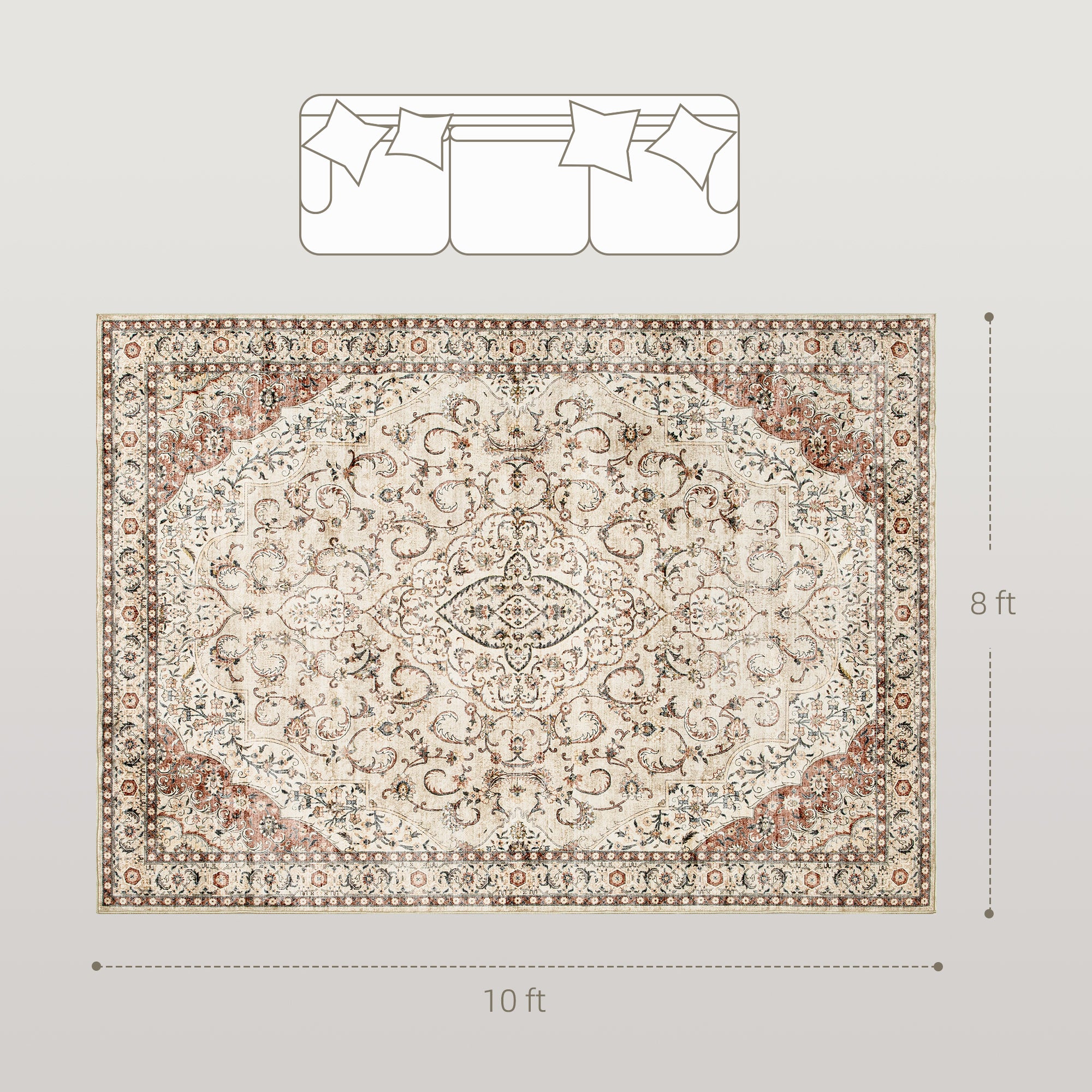 Area Rug 8x10, Machine Washable Rug, Non-Slip Classical Floral Print Floor Carpet for Living Room, Bedroom, Mixed-Brown