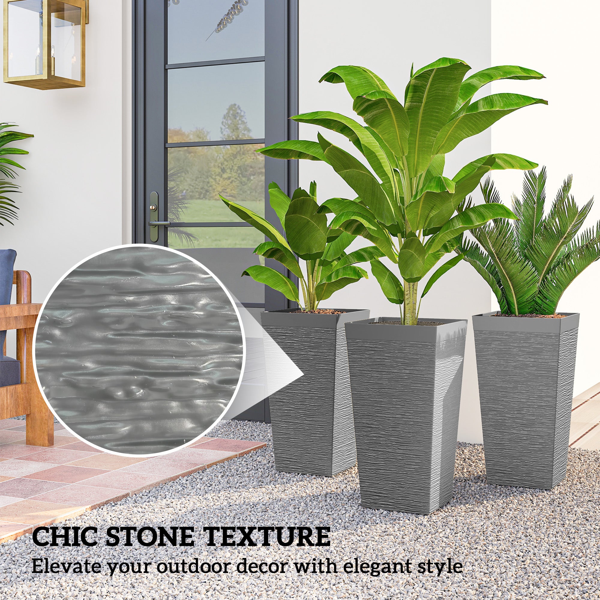 22.8 Inch Set of 3 Outdoor Planters with Stone Finish and Wheels, Stackable Tapered Planters with Drainage Hole, Gray