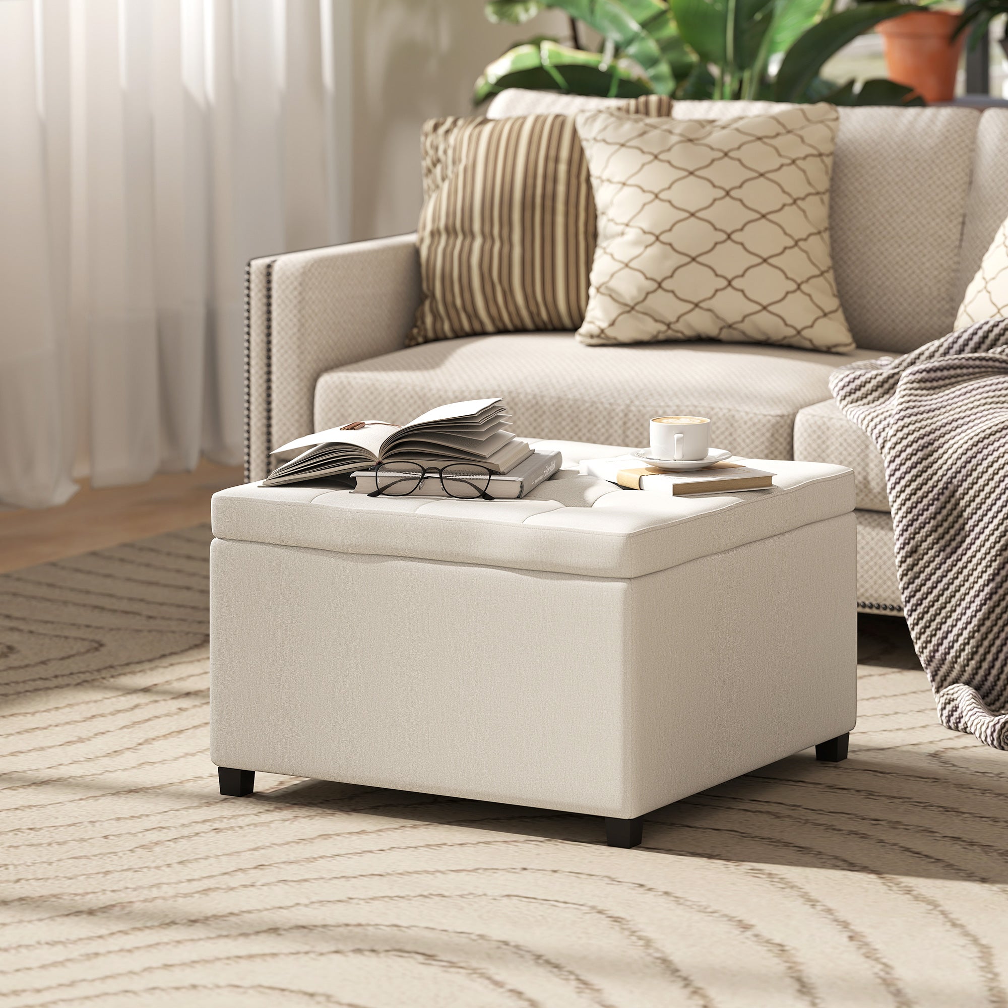 Round Storage Ottoman Bench, Button Tufted Ottoman with Flip Top for Living Room, Entryway and Bedroom, Beige