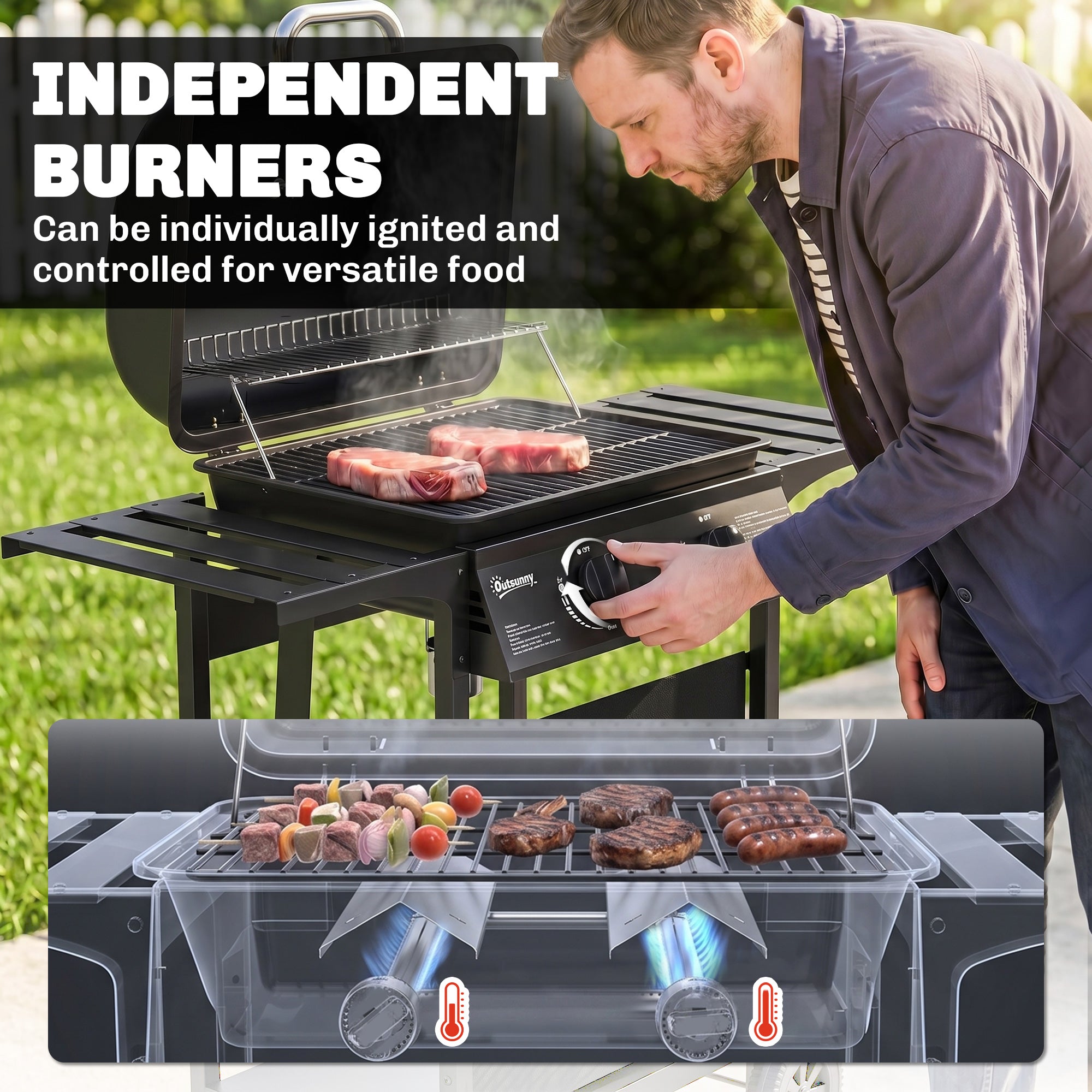 2 Burner Propane Gas Grill, 18000 BTU BBQ Grill with Wheels, Warming Rack, Shelf, Thermometer, Grease Cup, Black