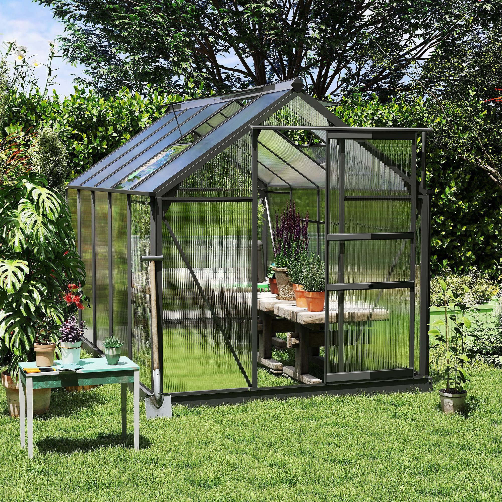 6' x 10' Greenhouse for Outdoors, Polycarbonate Greenhouse with Rain Gutter and Roof Vent, Aluminum Walk-in Green Houses for Outside for Patio Backyard Garden, Dark Green