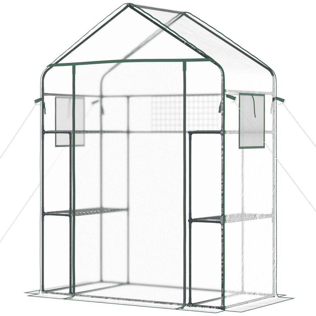 Outdoor Walk-in Mini Greenhouse with Mesh Door & Windows, Small Portable Garden Green House with 3 Tiers 6 Shelves, Trellis, & Plant Labels