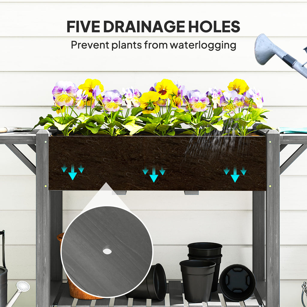 Wood Raised Planter Box, Elevated Garden Bed with Lockable Wheels, Side Tables, Bottom Shelf, Drain Holes, Gray