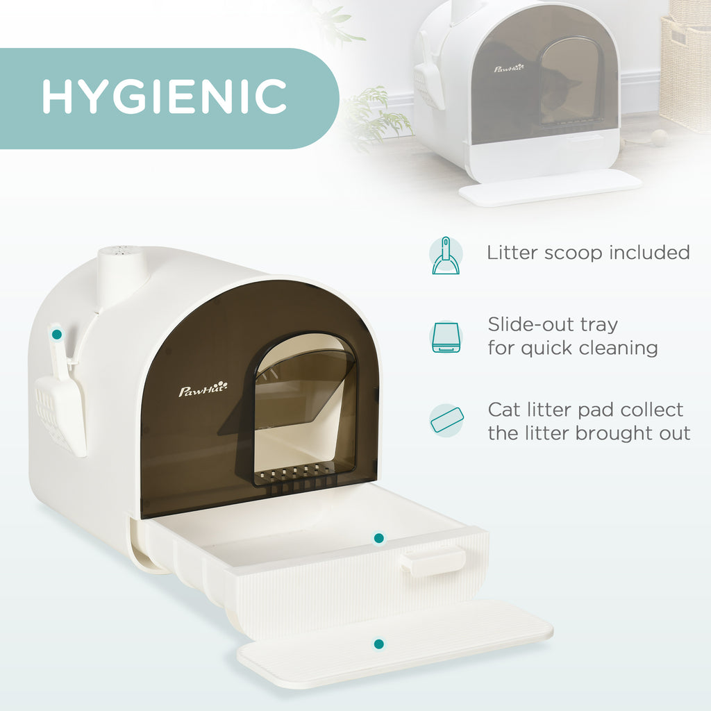 Cat Litter Box with Lid with Scoop and Filter, White