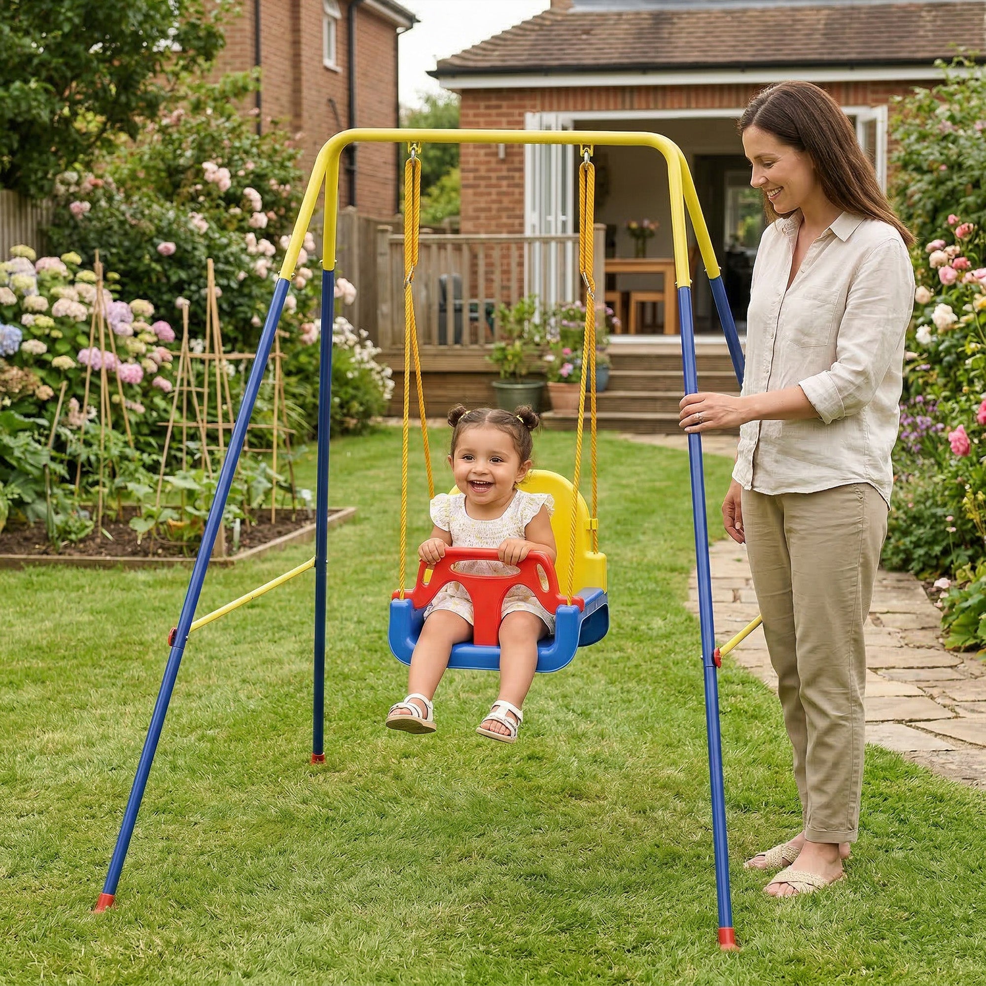 3 in 1 Toddler Swing Set, Folding Child Swing Set with Seat Belt, Adjustable Seat for Outdoor Indoor, Blue