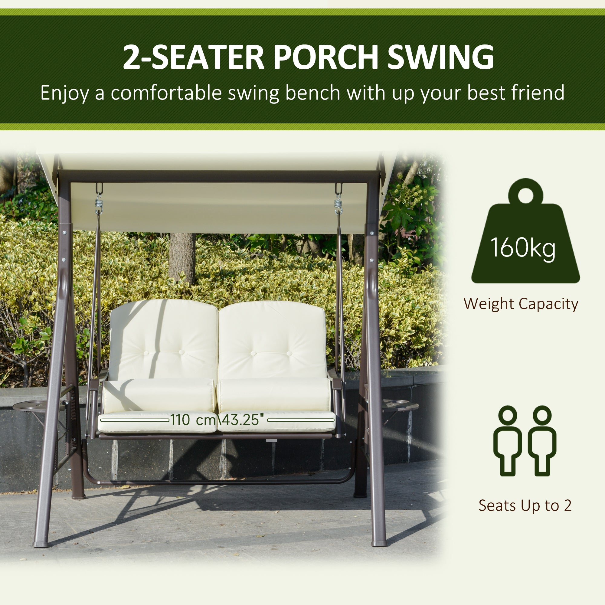 2-Person Patio Swing Bench with Adjustable Shade Canopy, Soft Cushions, Throw Pillows and Tray, Beige.