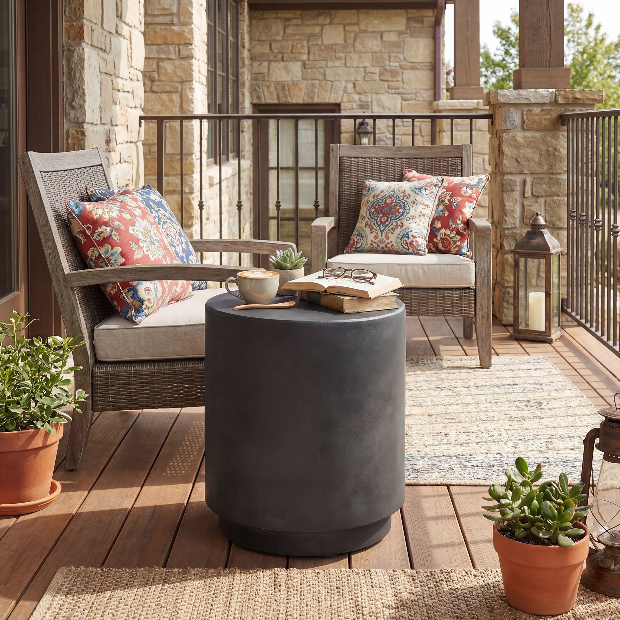 Lightweight Accent Table with Concrete Finish Round Side Table, Dark Gray