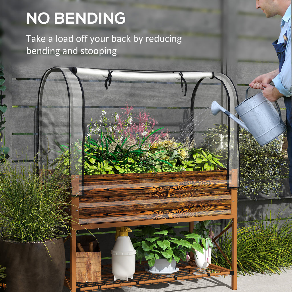 Raised Garden Bed with Legs and Cover, Metal Elevated Planter Box with Bottom Shelf and Liner for Vegetables, Brown