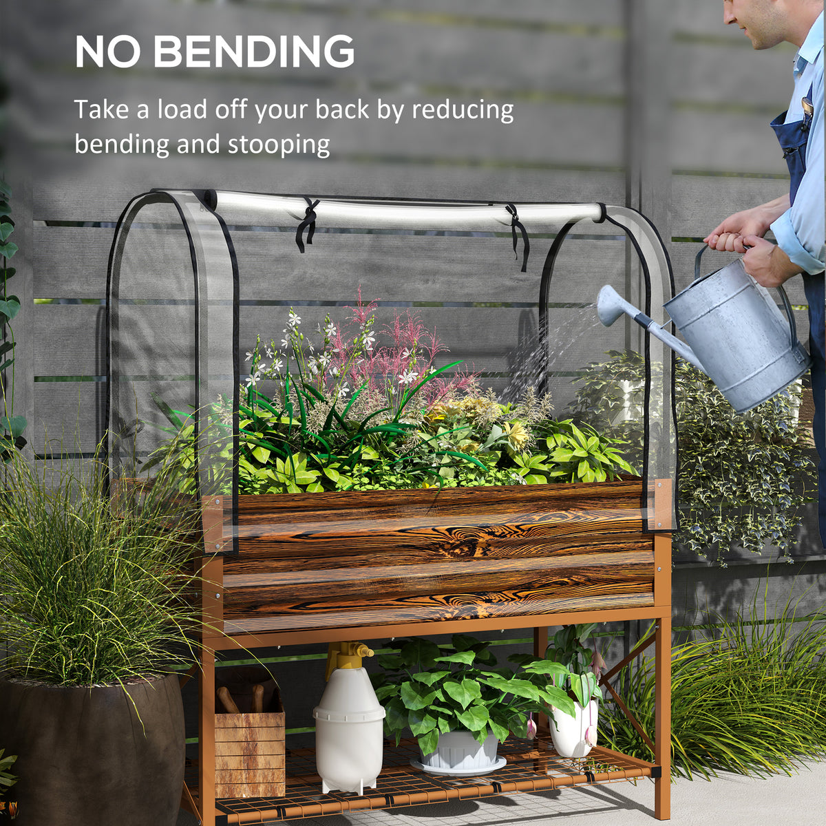 Raised Garden Bed with Legs and Cover, Metal Elevated Planter Box with Bottom Shelf and Liner for Vegetables, Brown