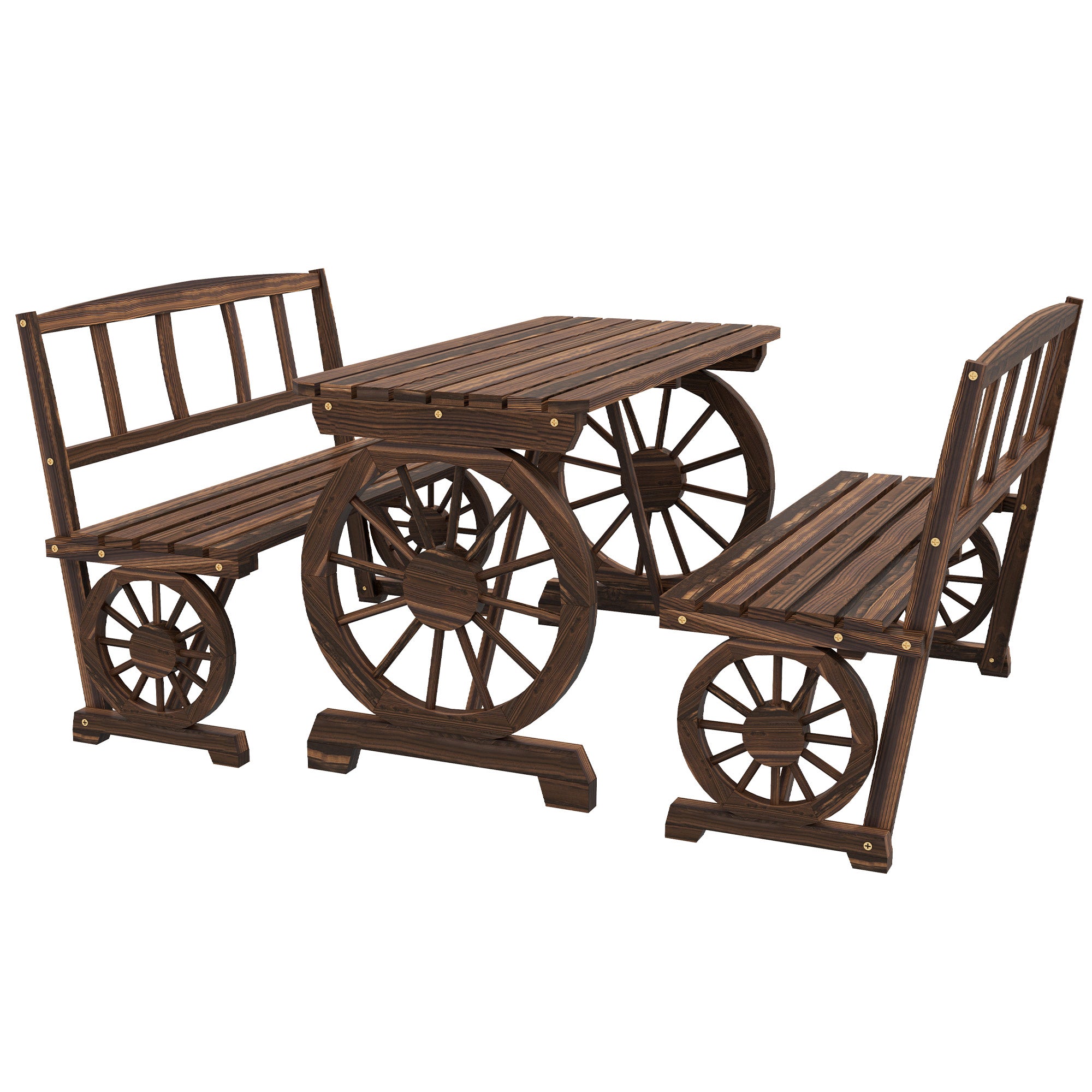 Patio Table and Chairs for 4 People, Wagon Wheel Design, Outdoor Furniture Set for Backyard, Garden, Carbonized