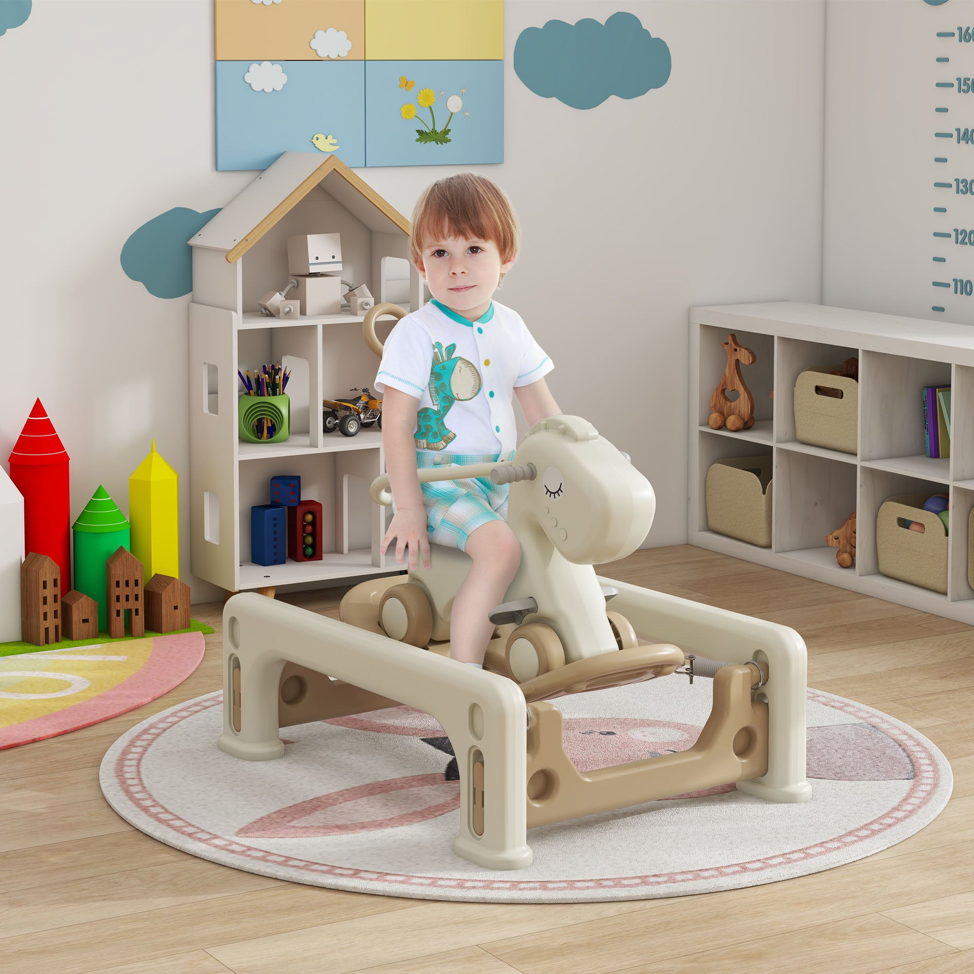 5 in 1 Rocking Horse for Toddlers 1-3 Years with Detachable Balance Board, Push Handle, Footrest, Cream White