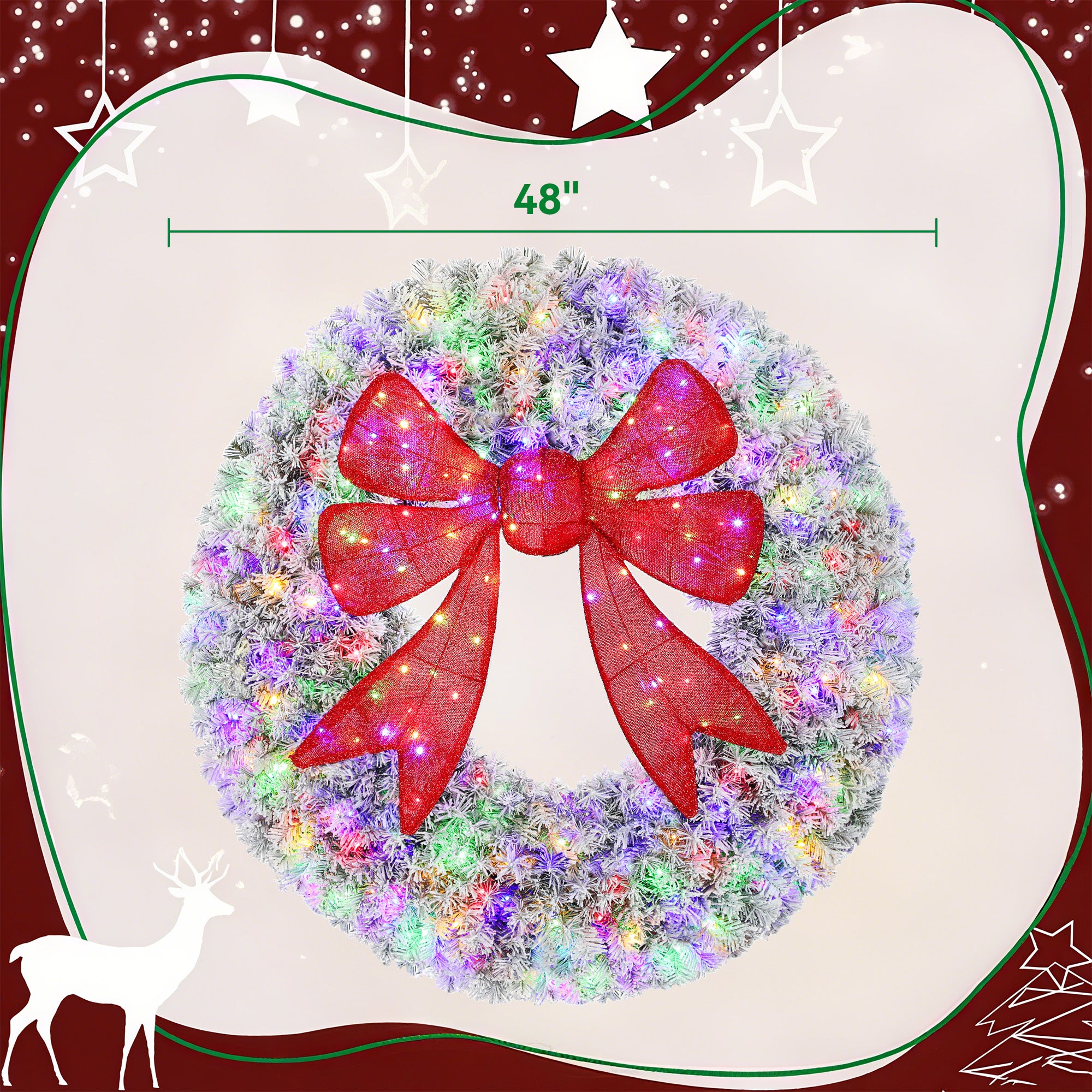 48in Flocked Pre-Lit Christmas Wreath with 3D Red Bow, 11 Lighting Modes, Front Door Christmas Wreath with Remote
