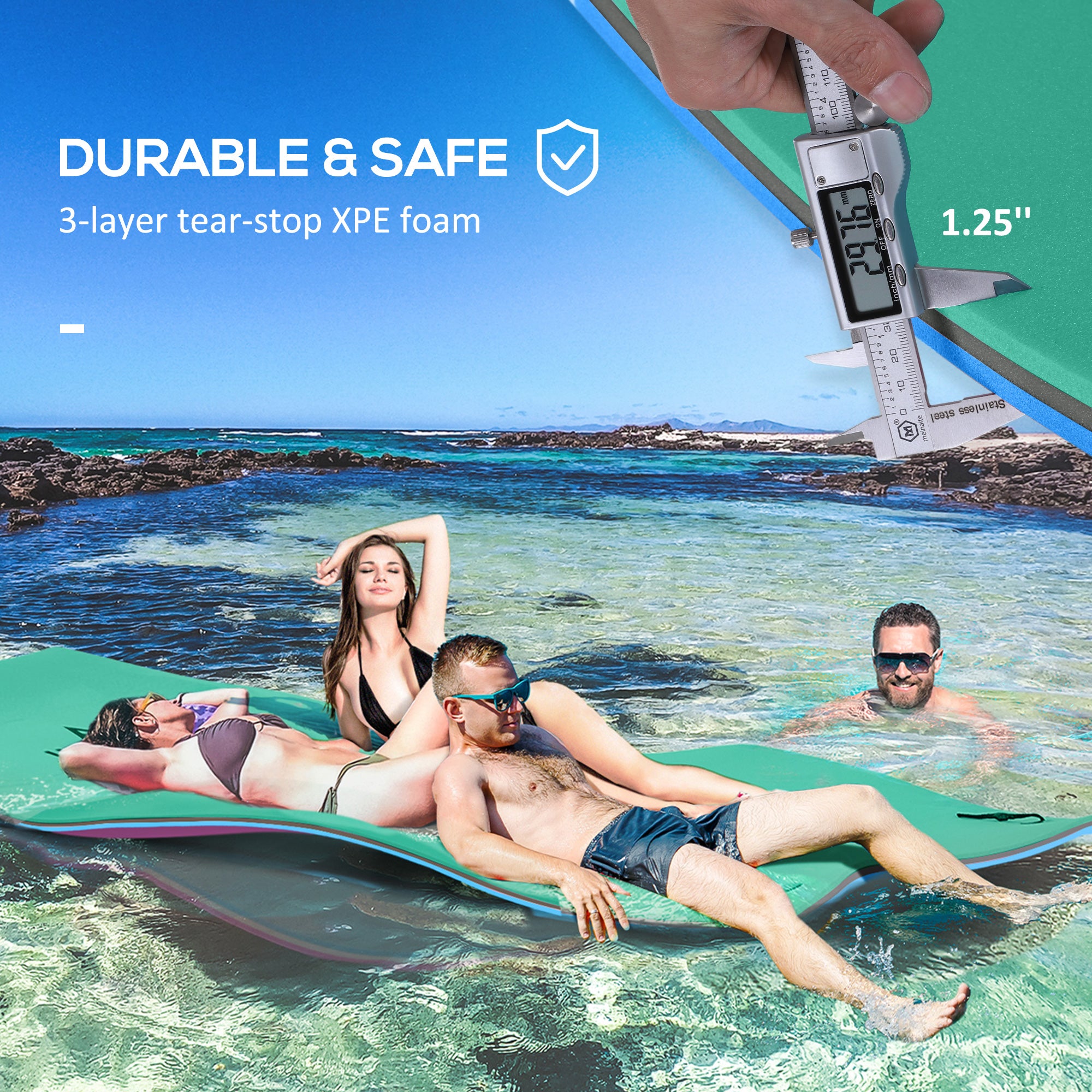 12' x 5' Lily Pad Floating Mat with Cup Holder Table, 3-Layer Portable Roll-Up Water Mat Float Dock for 2-3 People, on Lake, River, Beach, Swimming Pool, Green