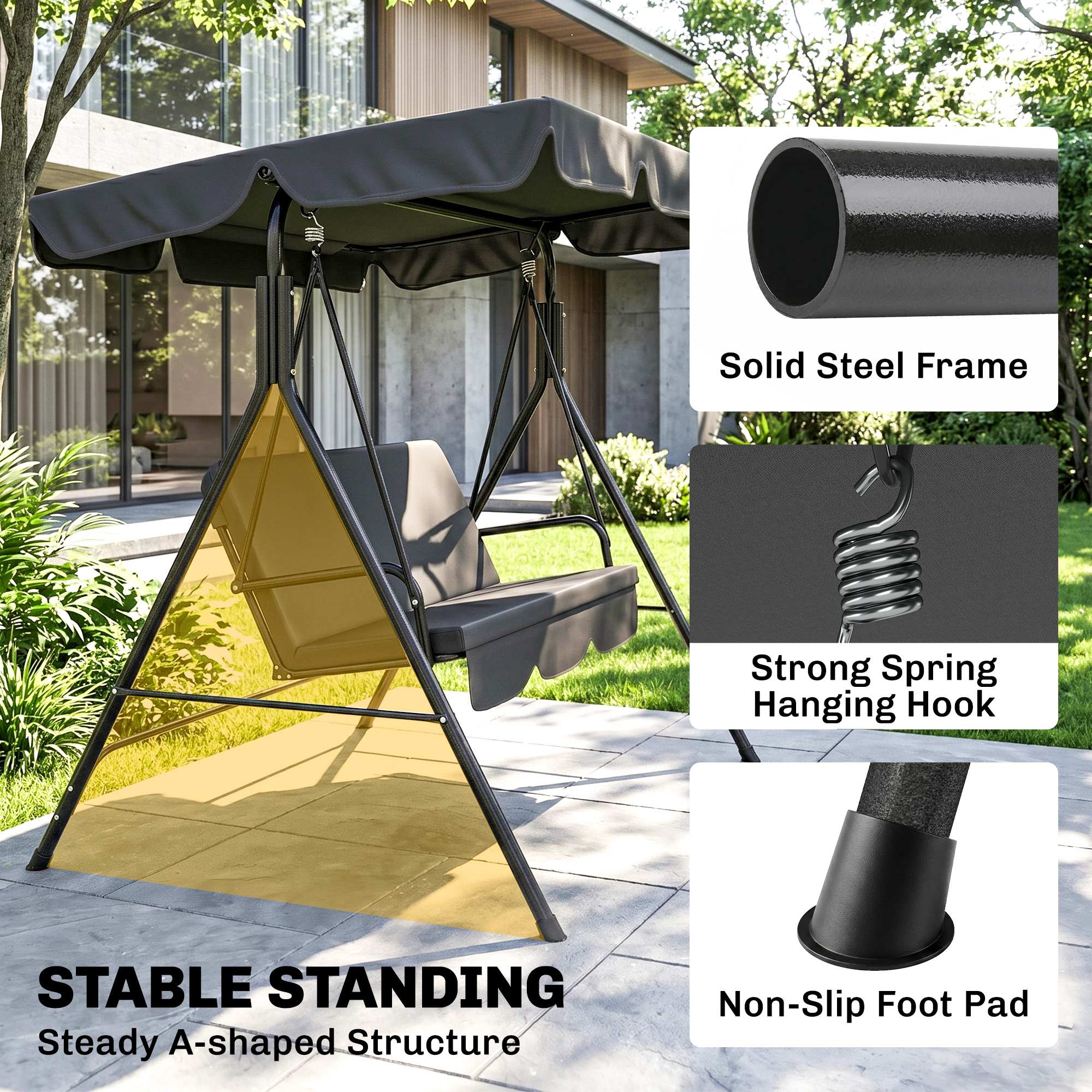 3-Seat Outdoor Patio Swing Chair w/ Cushion, Steel Frame Stand, Adjustable Tilt Canopy for Patio, Garden, Black