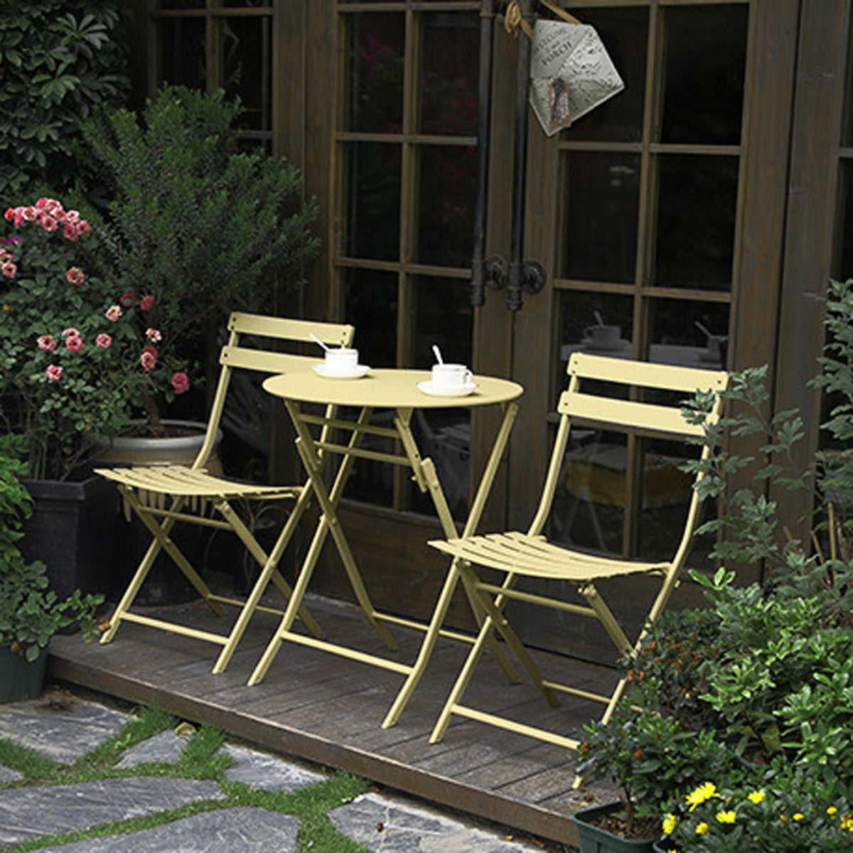 3-Piece Patio Bistro Set with Foldable Round Table and Chairs, Scratch and Rust Resistant, Yellow