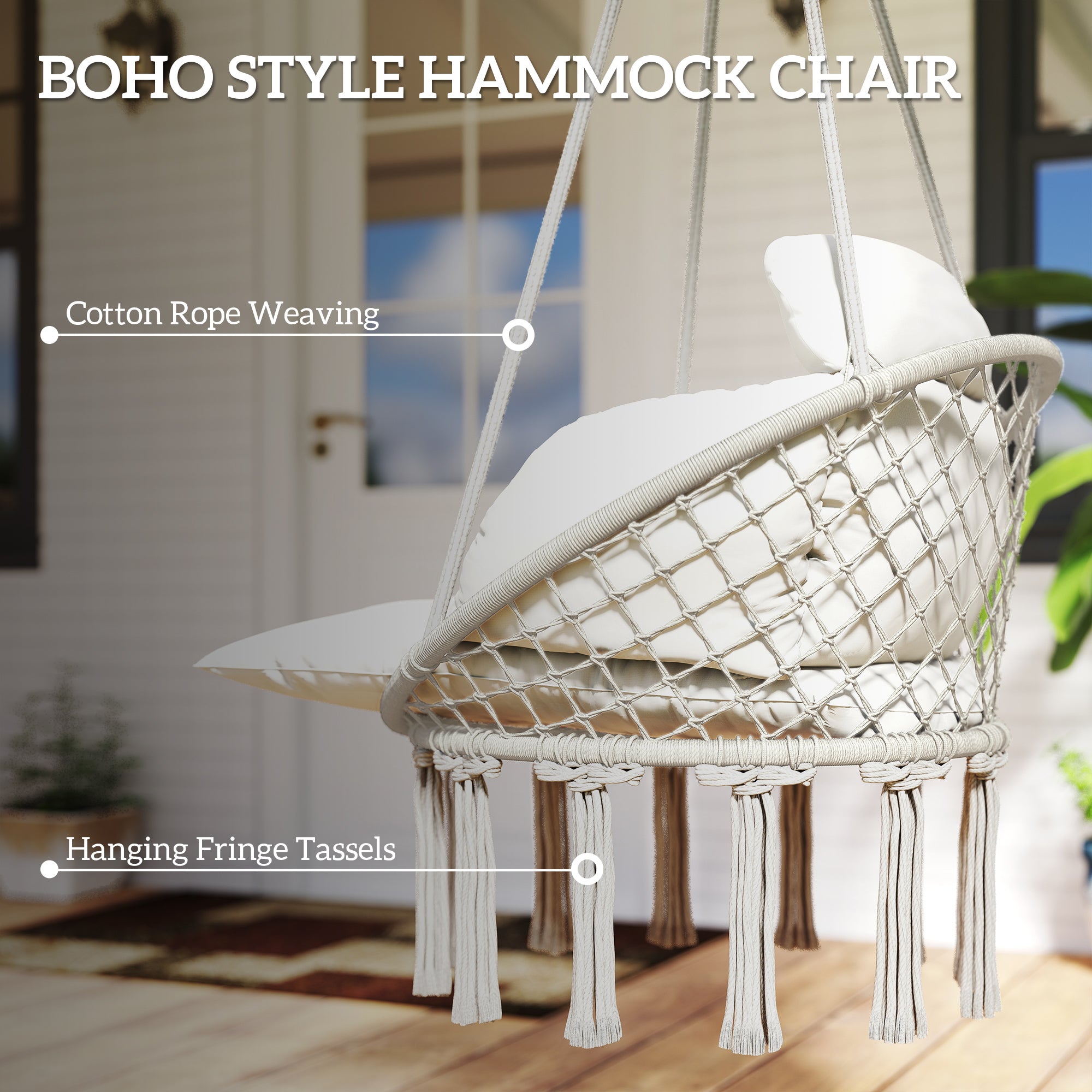 Hammock Swing Chair, Macrame Hanging Chair with Large Cushion, Chain, Steel Frame for Indoor Outdoor Use, Cream White