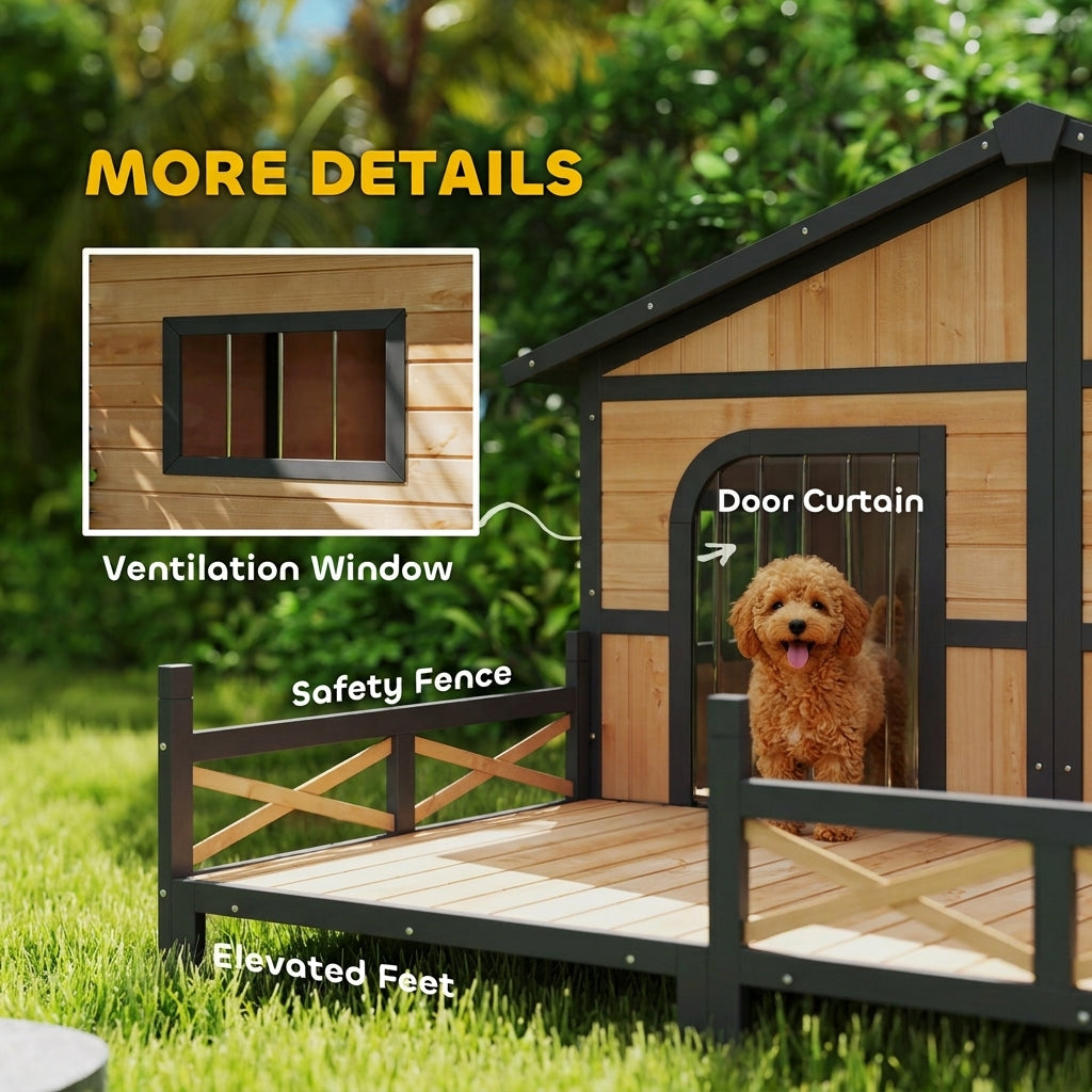Dog House Outdoor, Wooden Dog Kennel Weatherproof with Porch, Openable Roof, Removable Bottom, Elevated Floor, Double Room for 2 Small to Medium Breeds, Natural