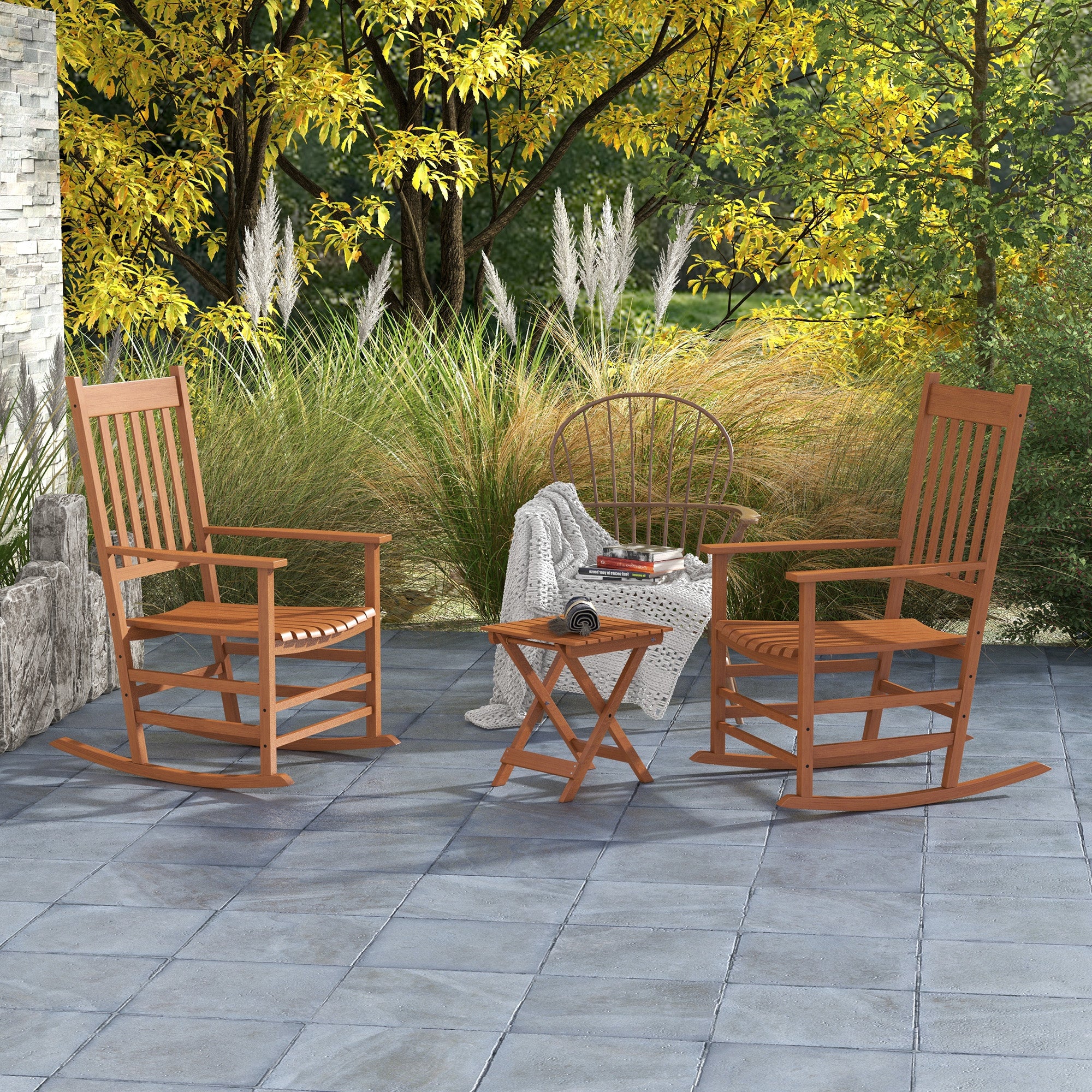 Outdoor Rocking Chair Set of 2 with Side Table, Patio Wooden Rocking Chair with Smooth Armrests, High Back for Garden, Balcony, Porch, Supports Up to 352 lbs, Teak