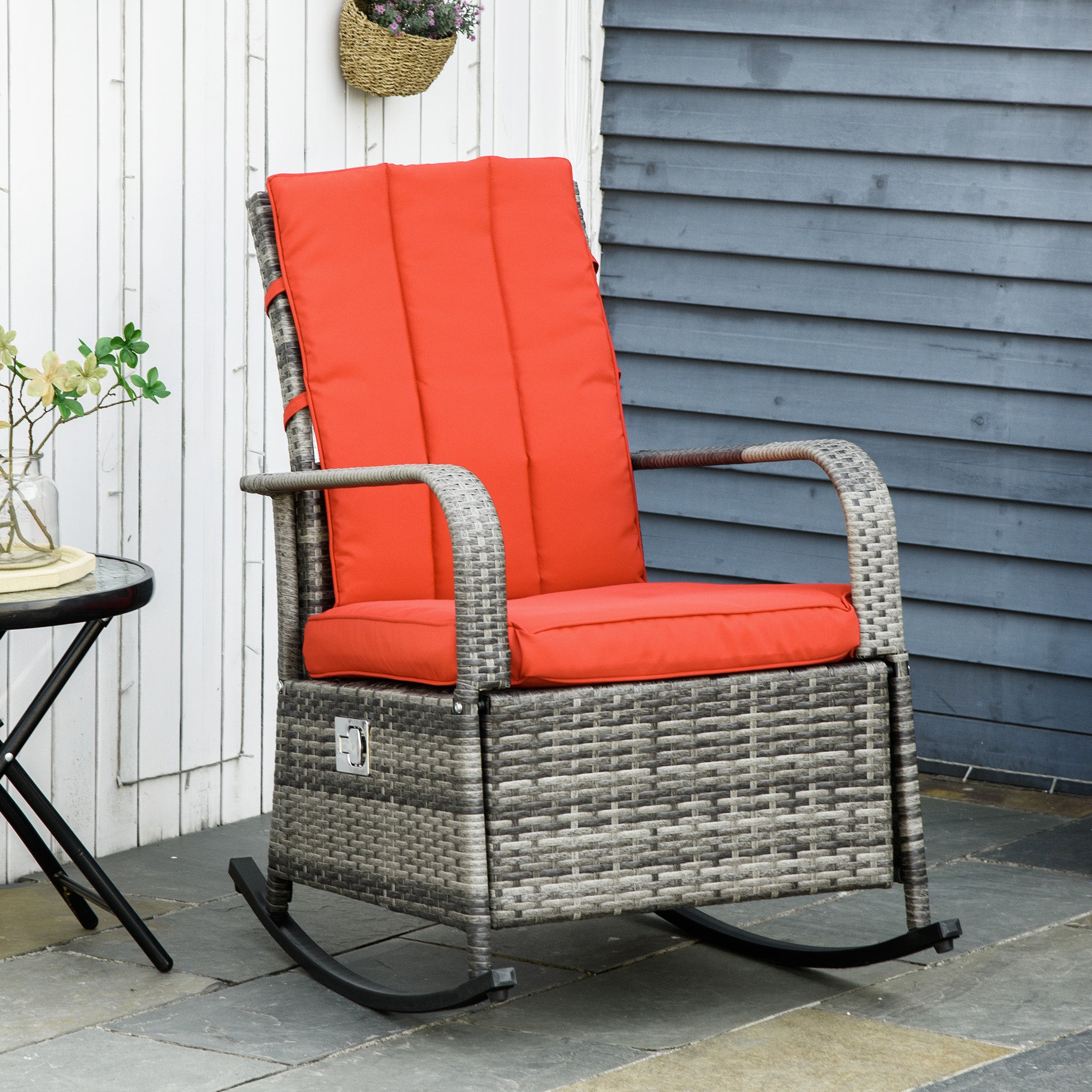 PE Rattan Rocking Recliner with Footrest, Red