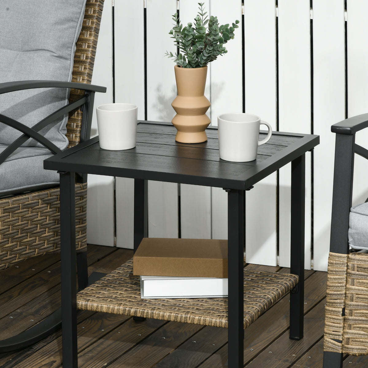 3 Piece Patio Rocking Chair Set, Outdoor Wicker Bistro Set with 2 Oversize Cushioned Porch Rockers and 2 Tier Coffee Table for Garden, Backyard, Light Gray