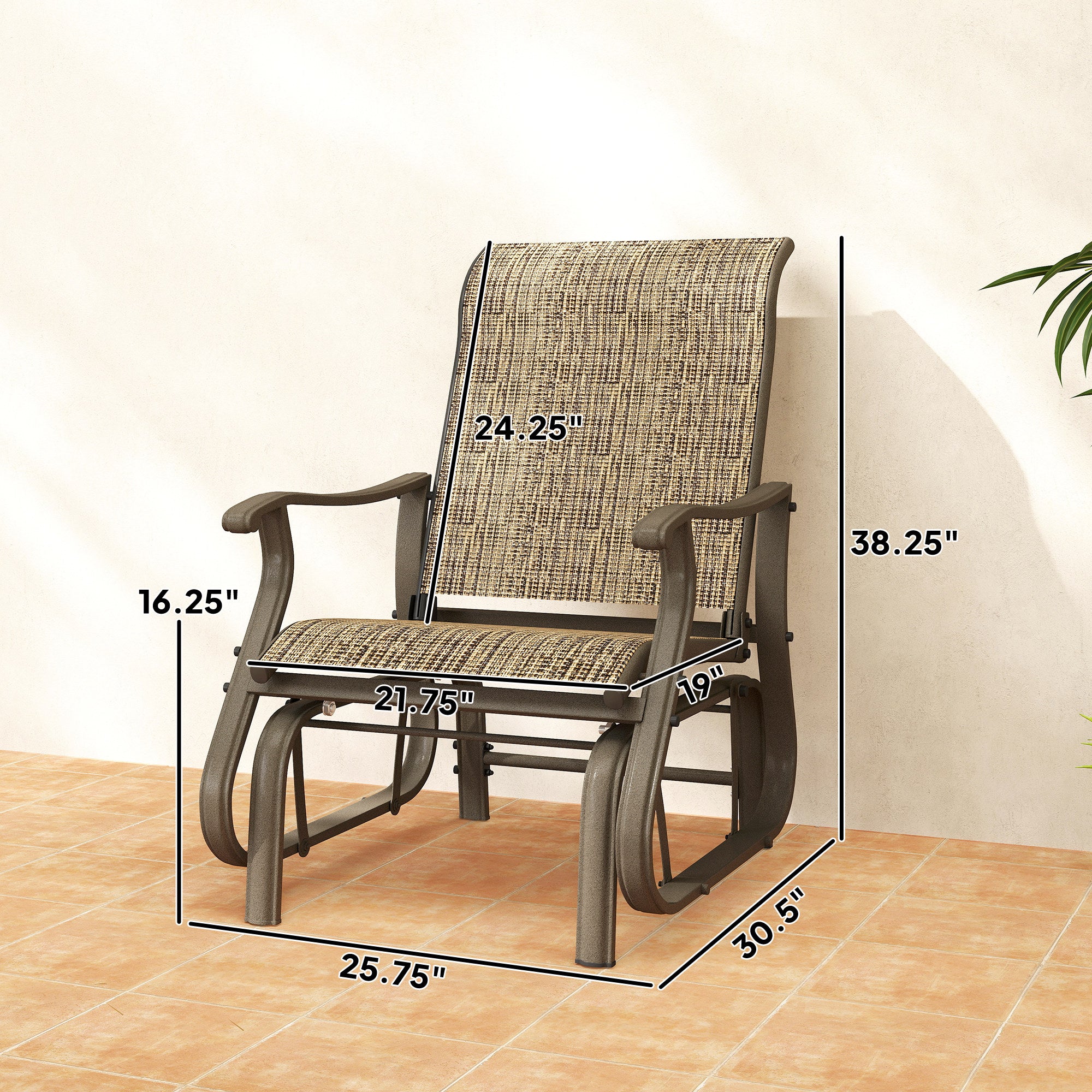 Outdoor Glider Chair Patio Glider Swing Chair with Mesh Seat, Steel Frame for Backyard, Garden, Porch, Light Mixed Brown