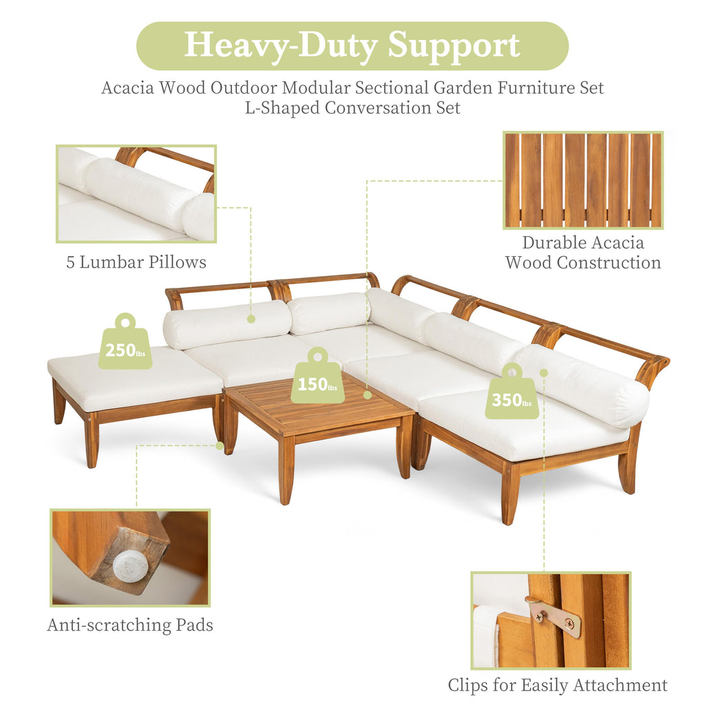 6 Piece Patio Sofa Set with Tea Table & Ottoman for Garden, Modular Sectional with 5 Thick Cushion, 30" L x 27.5" W x 16" H, Teak+Beige