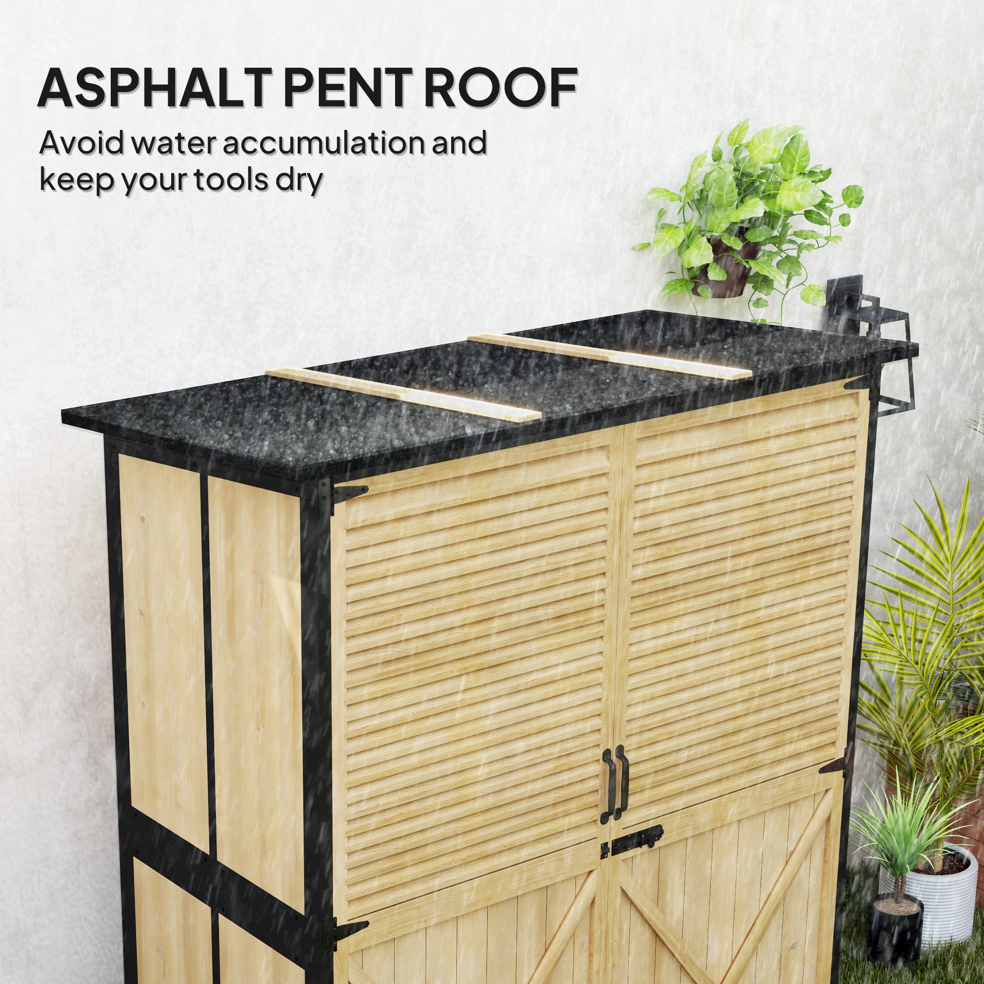 Wood Storage Shed, Outdoor Garden Shed with Asphalt Roof, 2 Shelves, Lockable Doors and Adjustable Feet, Natural
