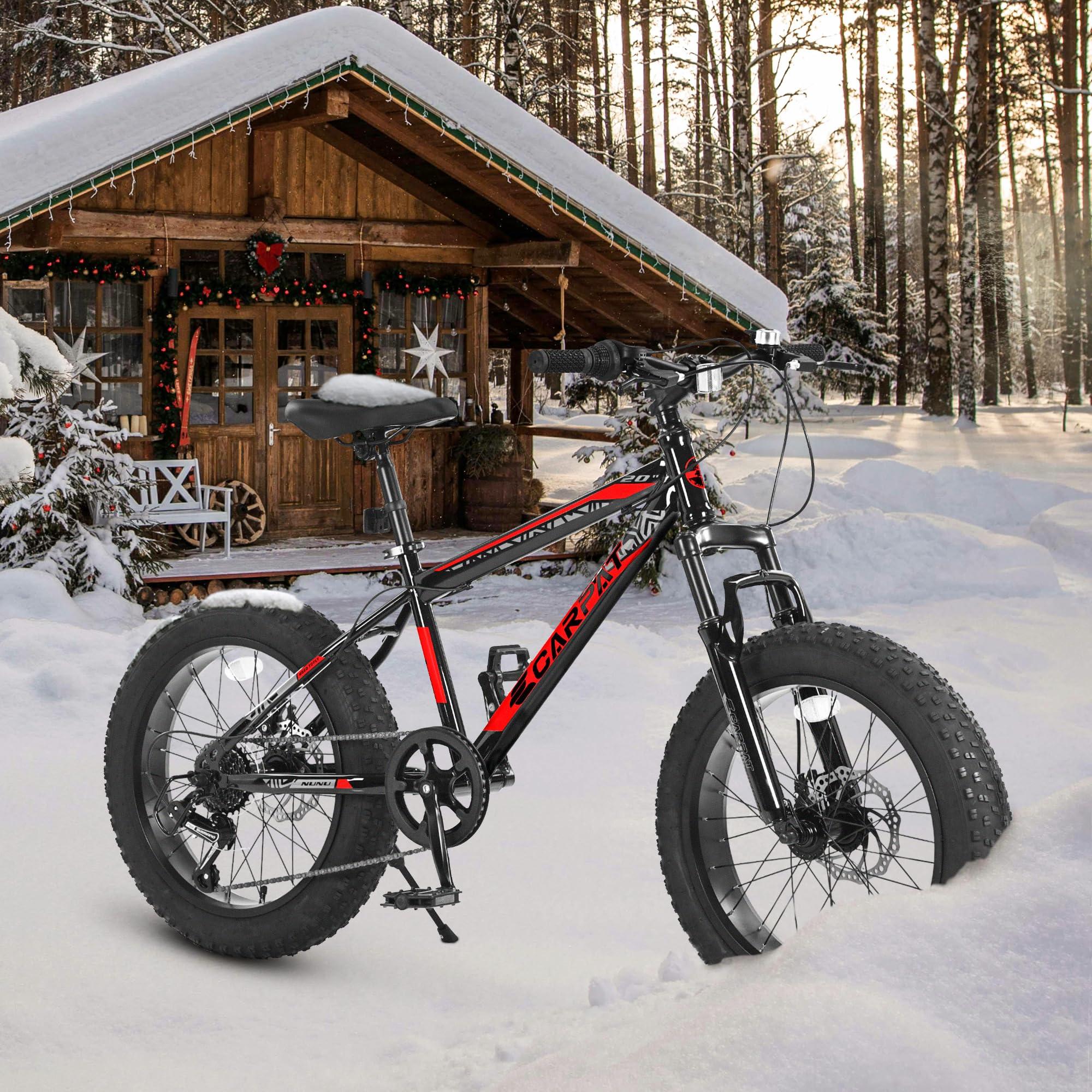 20" Kids' Fat Tire Mountain Bike with 7-Speed Drivetrain, and Dual Disc Brakes, for Ages 8-12, 63" L x 24.5" W x 35" H, Black+Red
