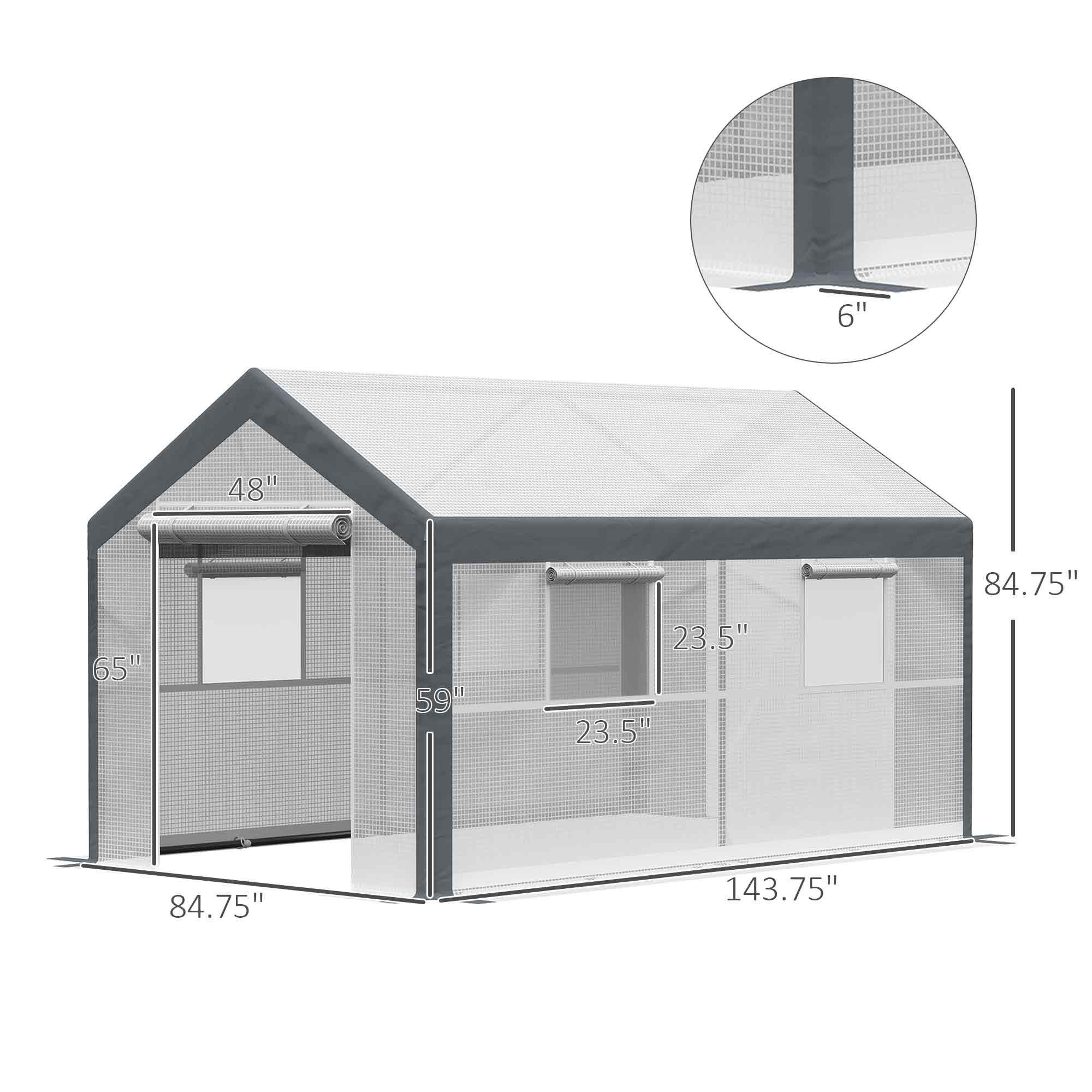 12' x 7' x 7' Greenhouse, Walk-in Outdoor Tunnel Green House with PE Cover, Steel Frame, 2 Roll-Up Zipper Doors & 4 Windows for Flowers, Vegetables, Tropical Plants, White/Dark Gray