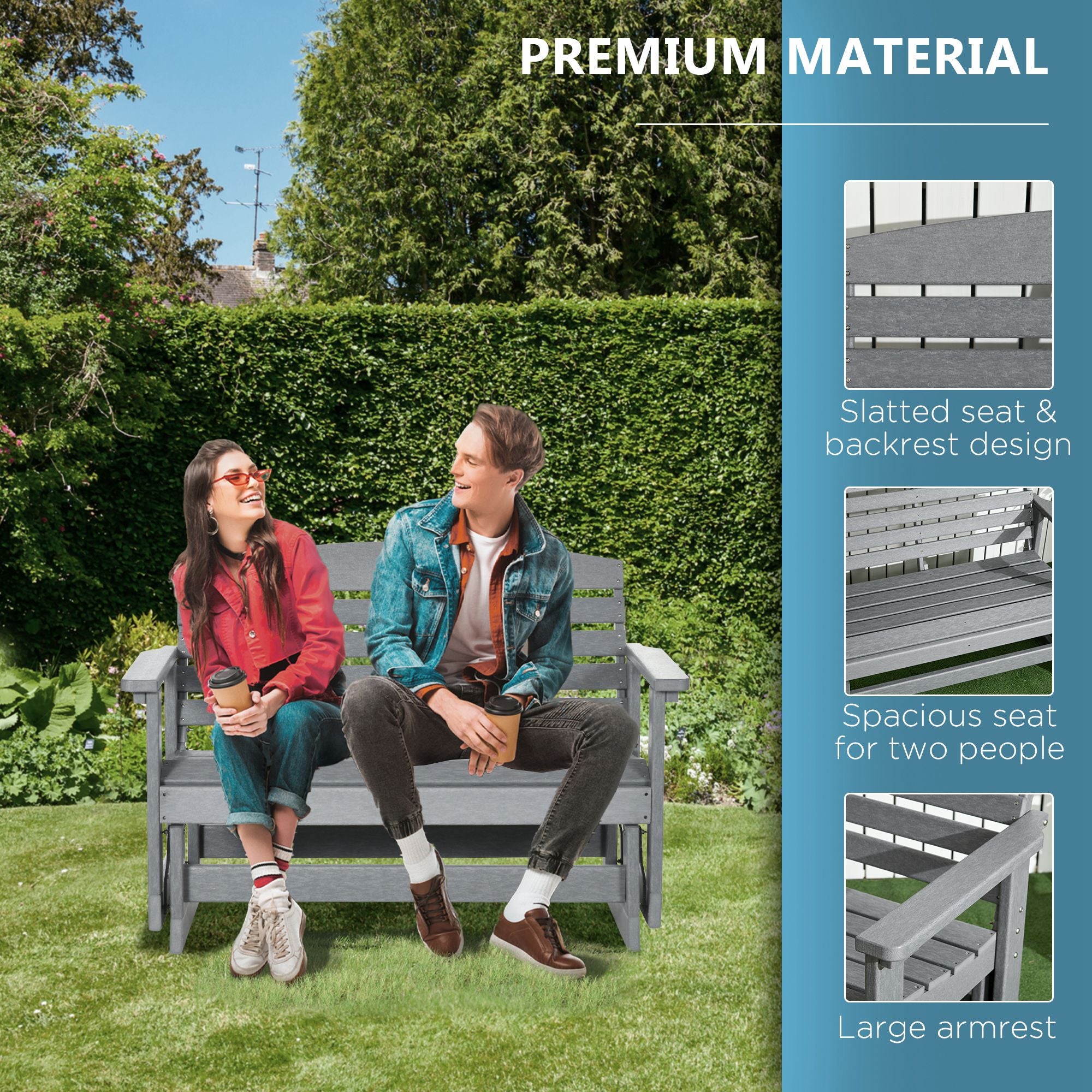 Patio Glider Bench w/ HDPE Slatted Double Rocking Chair, Light Gray