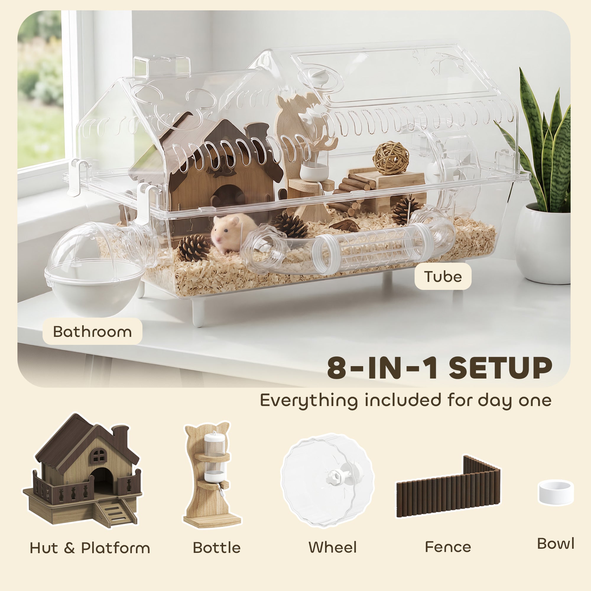 Hamster Cage with Large Wheel & Hideout, Small Animal Habitat with Accessories, Clear Pet House, 21.5" x 11.8" x 12.6",