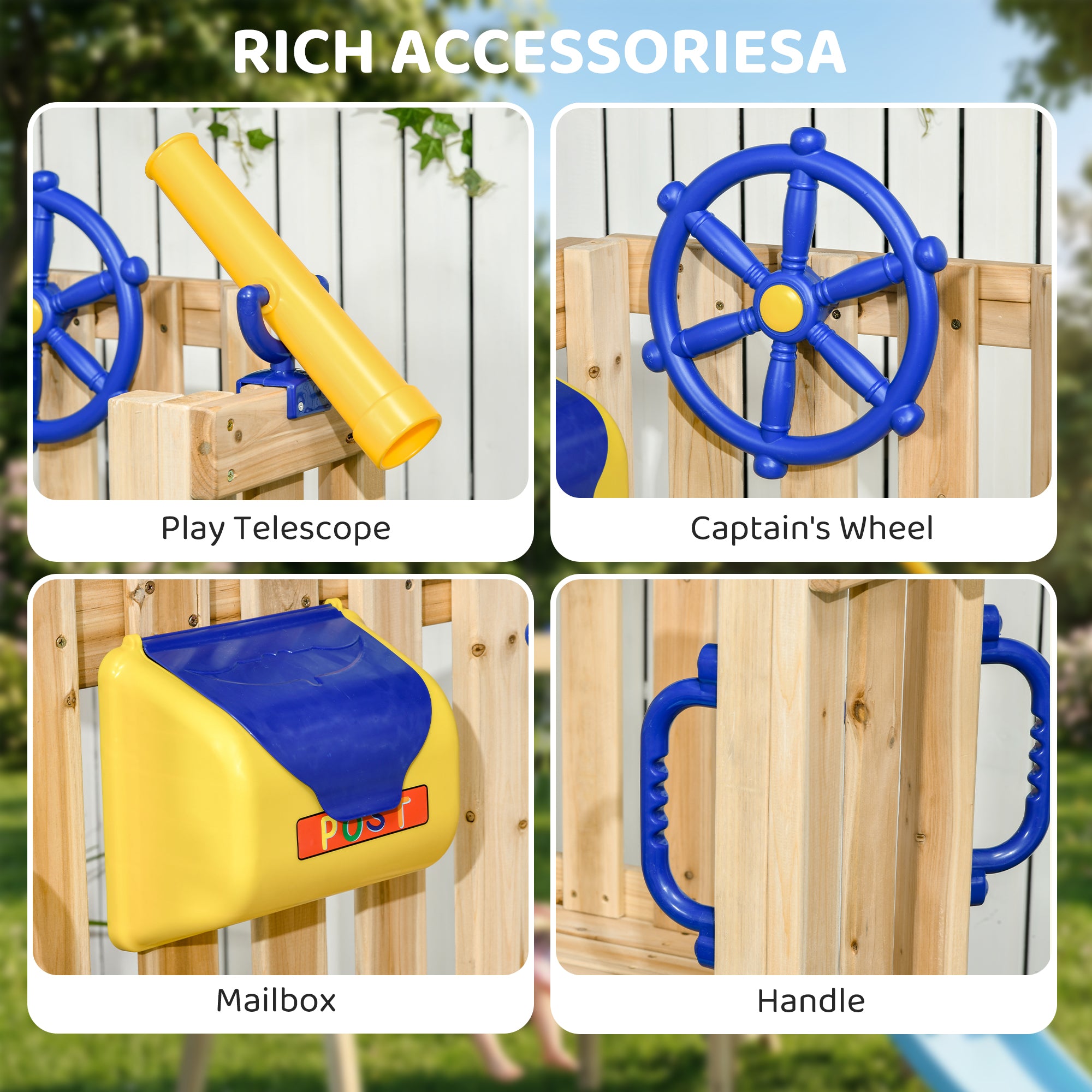 Swing Set for Backyard, Wooden Toddler Outdoor Playset with Baby Swing Seat, Kids Slide, Fort, Playground Equipment with Captain's Wheel, Telescope for Ages 1.5-4, Natural