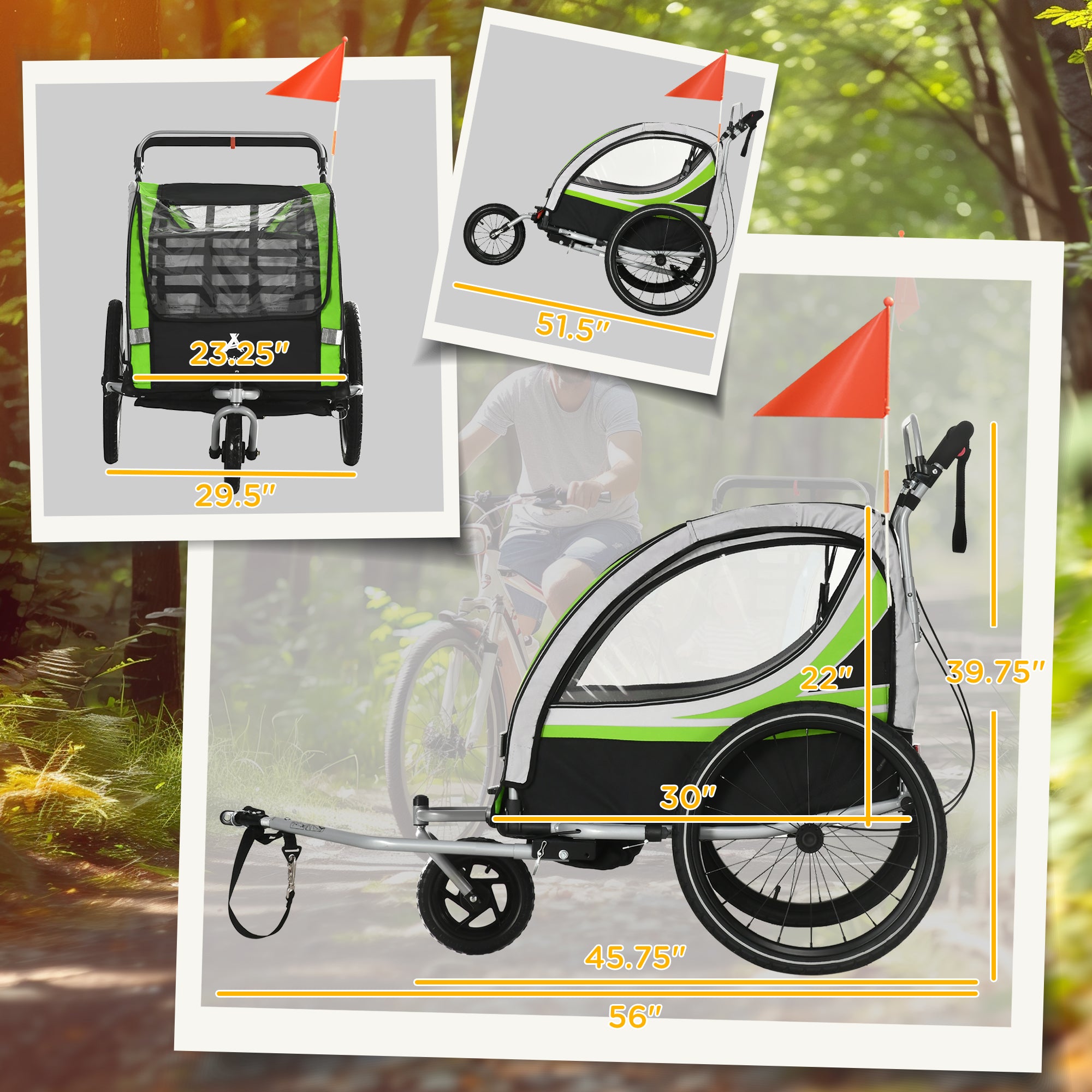 3-in-1 Bike Trailer for Kids, Running Stroller with 2 Seats, Jogging Cart with 5-Point Harness, Storage Units, Green