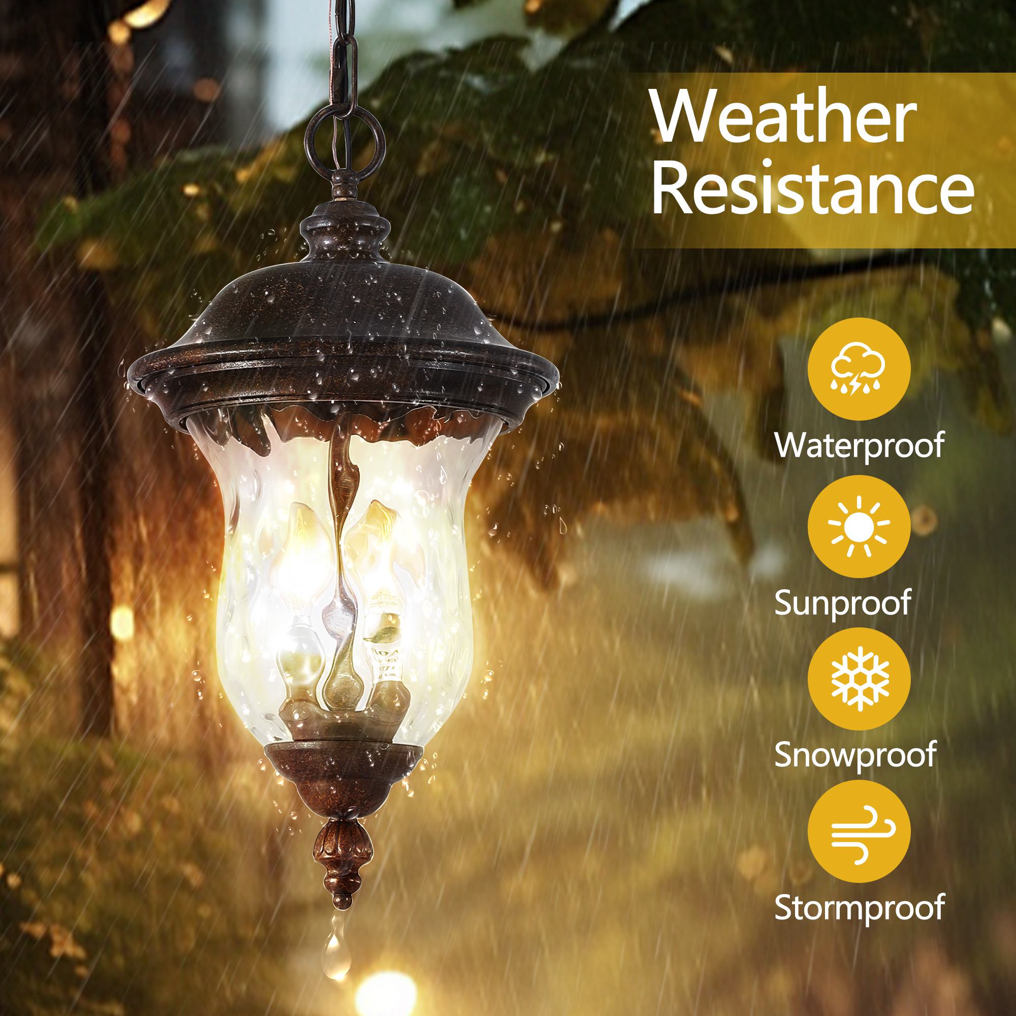 Rustic Outdoor Hanging Lantern with Clear Glass Shade, Waterproof Exterior Lighting Fixture for Porch, 10" L x 10" W x 19.5" H, Brown+Bronze