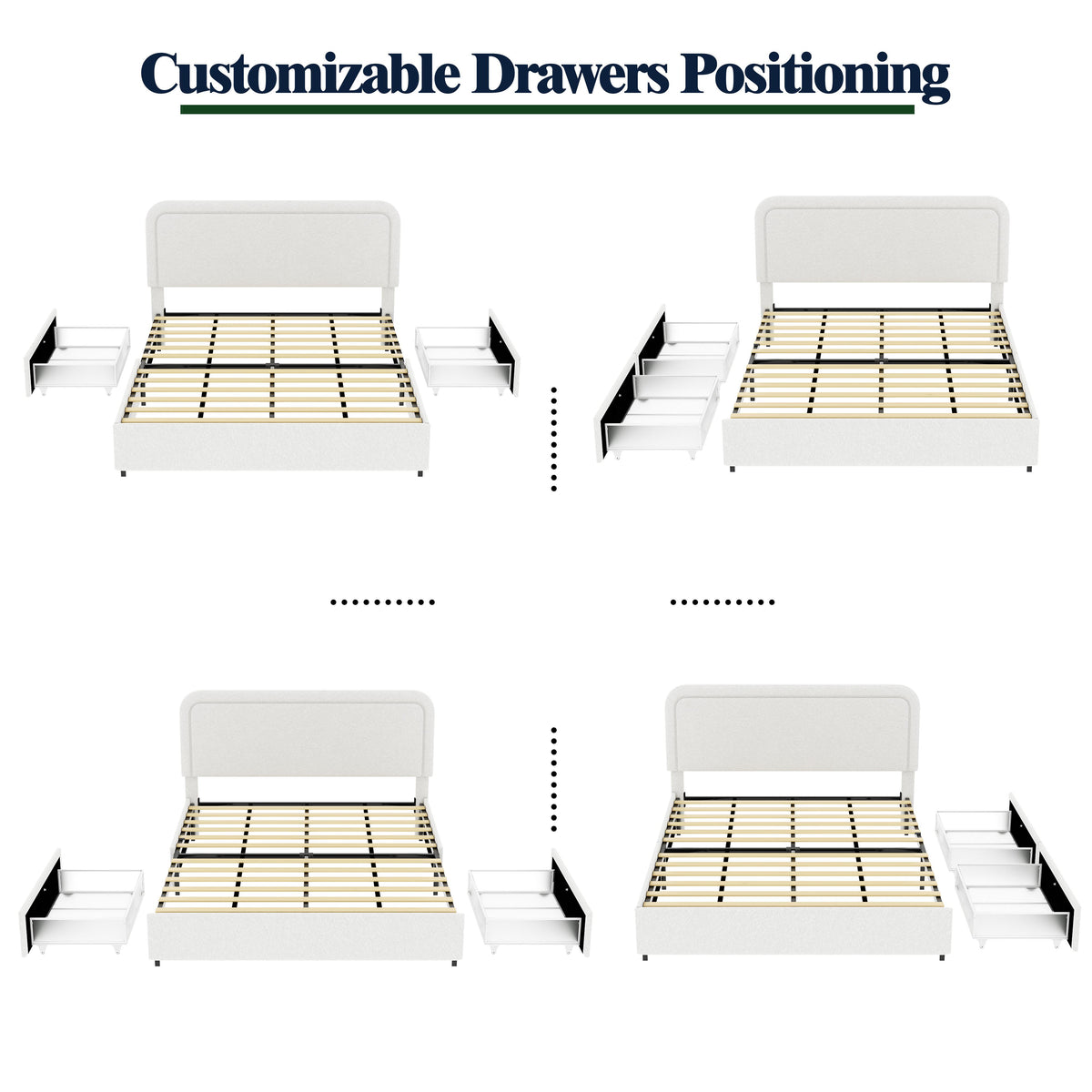 Liv Queen Size 2-Drawer Storage Bed Frame with Curved Tufted Headboard, Patented Boucle Upholstered Platform Bed, Wooden Slat Support, No Box Spring Needed, Ivory