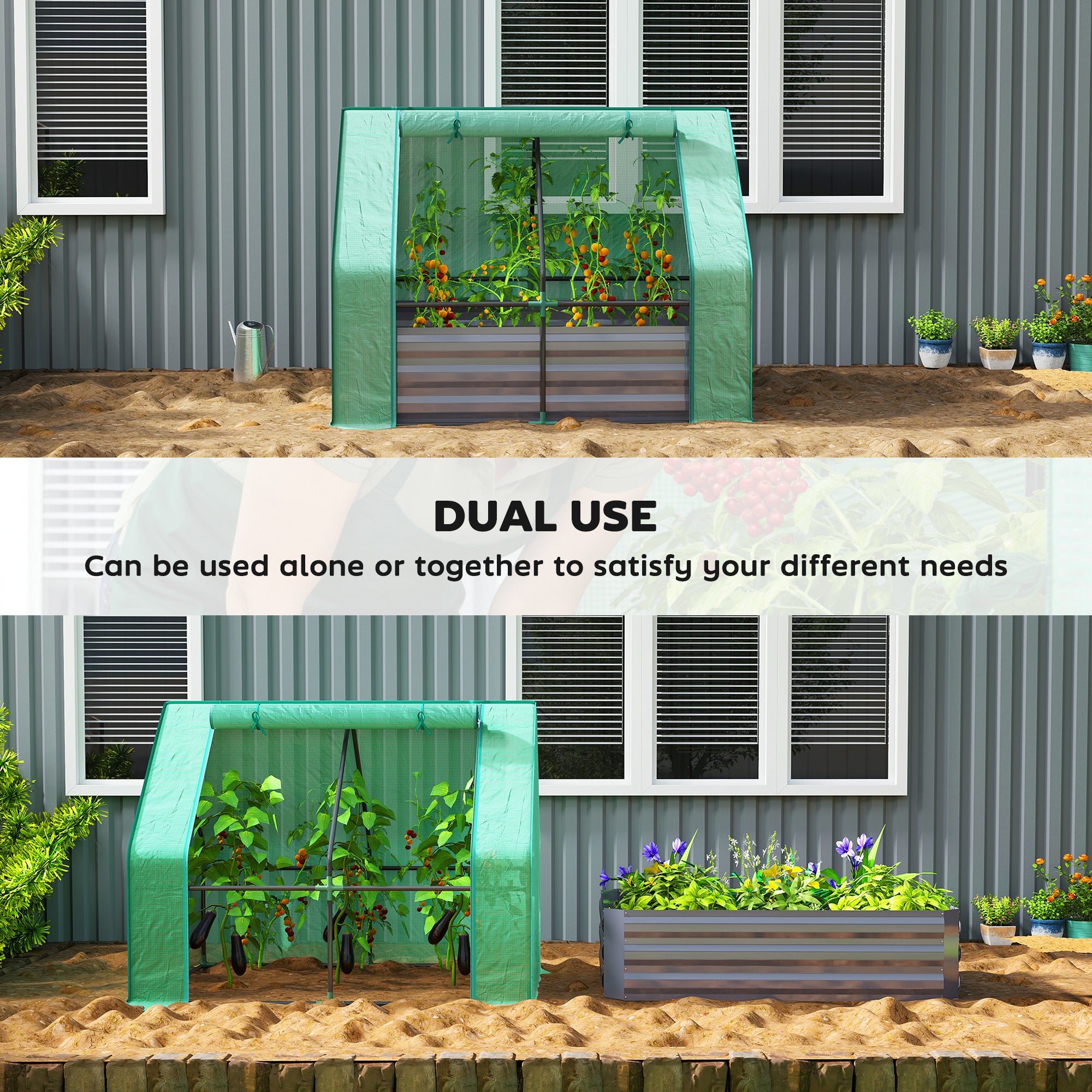 4 x 3ft Raised Garden Bed with Mini Greenhouse, Galvanized Raised Garden Bed with Cover, Green and Dark Gray