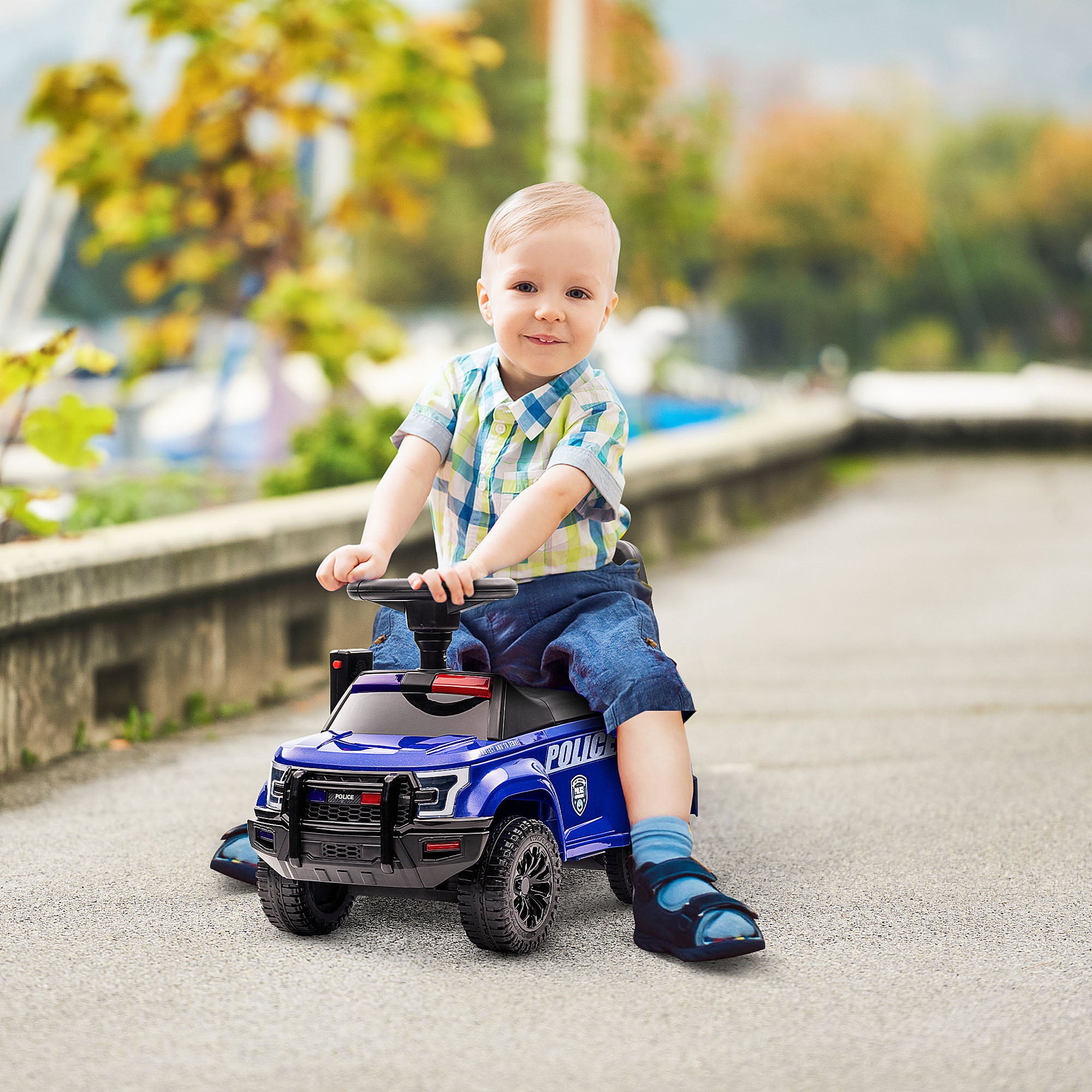 Kids Push Ride On Car with Working PA System and Horn, Police Truck Style Foot-to-Floor Sliding Car for Boys and Girls with Under-Seat Storage, for 18 Months to 5 Years Old, Blue