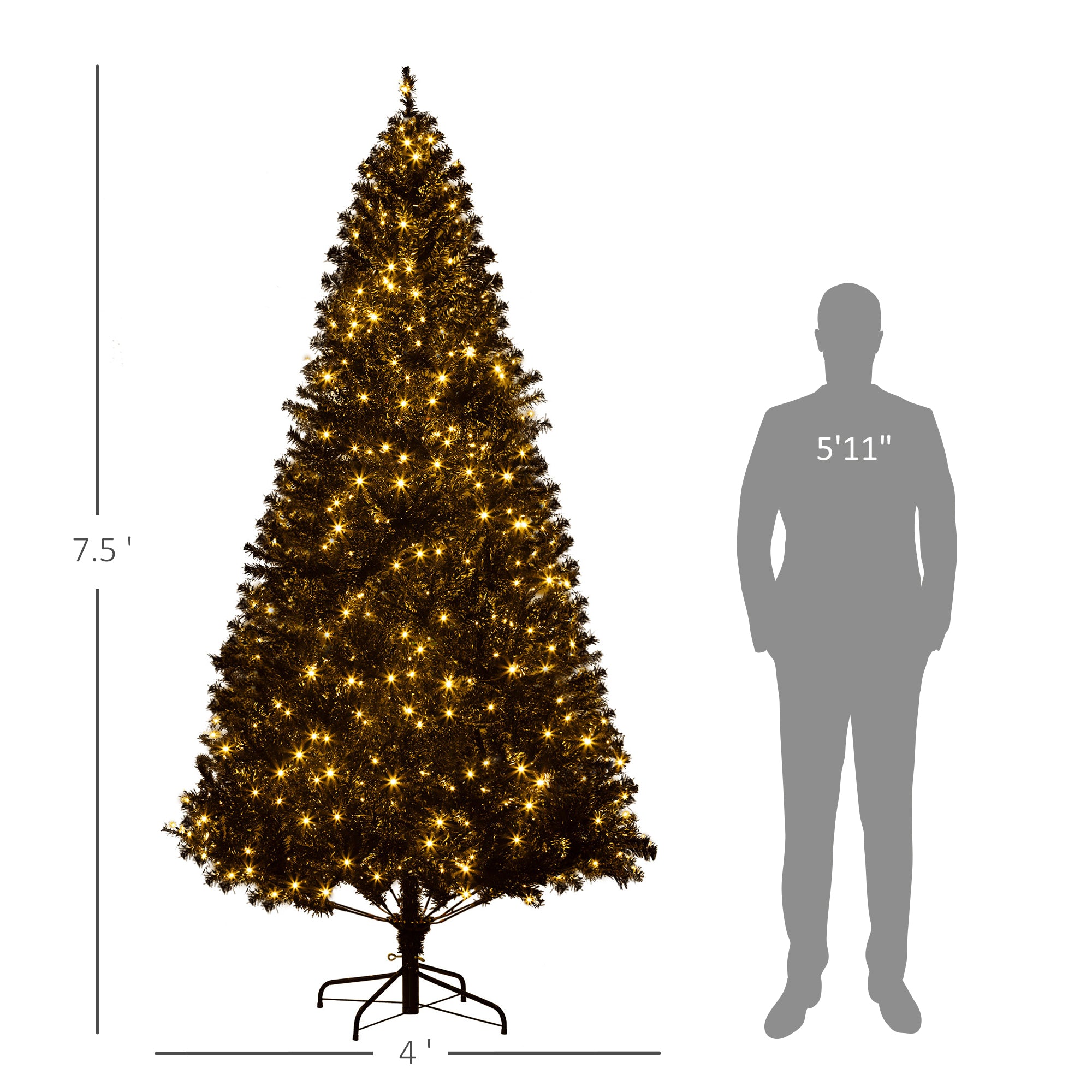 7.5 FT Tall PreLit Artificial Christmas Tree with Realistic Branches, 500 Warm White LED Lights and 1346 Tips, Black