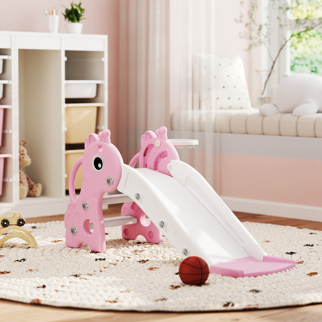 3-in-1 Toddler Slide for Age 1-3, Freestanding Kids Slide with Climber, Basketball Hoop and Ball, Giraffe Design, Pink