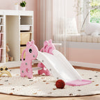 3-in-1 Toddler Slide for Age 1-3, Freestanding Kids Slide with Climber, Basketball Hoop and Ball, Giraffe Design, Pink