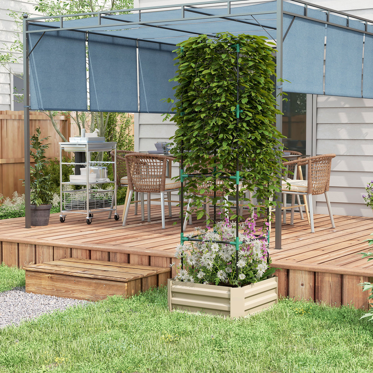 Galvanized Planter Box, 24" x 24" x 73.5" Raised Garden Bed with Tomato Cage for Climbing Vines, Cream