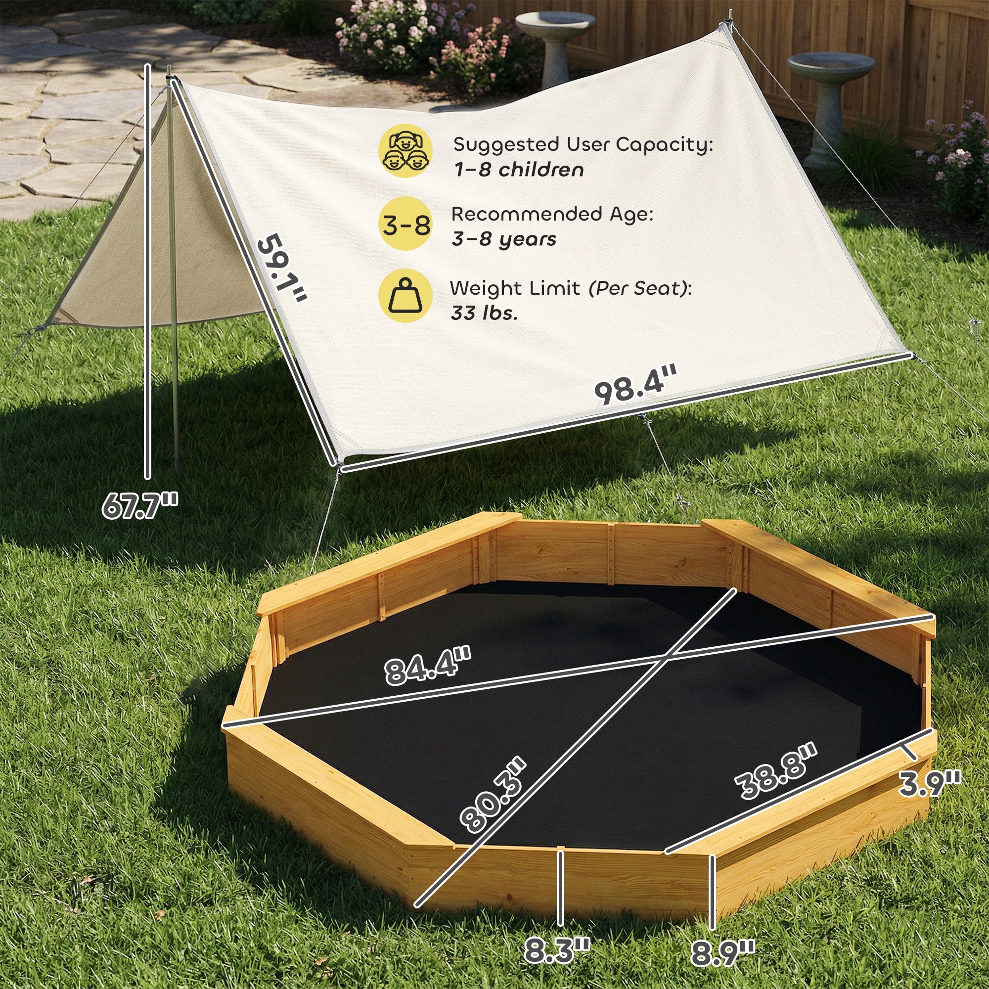 Wooden Sandbox with Large Canopy, Outdoor Sand Box with 4 Bench Seats, Bottom Liner for 8 Kids Aged 3-8, Yellow
