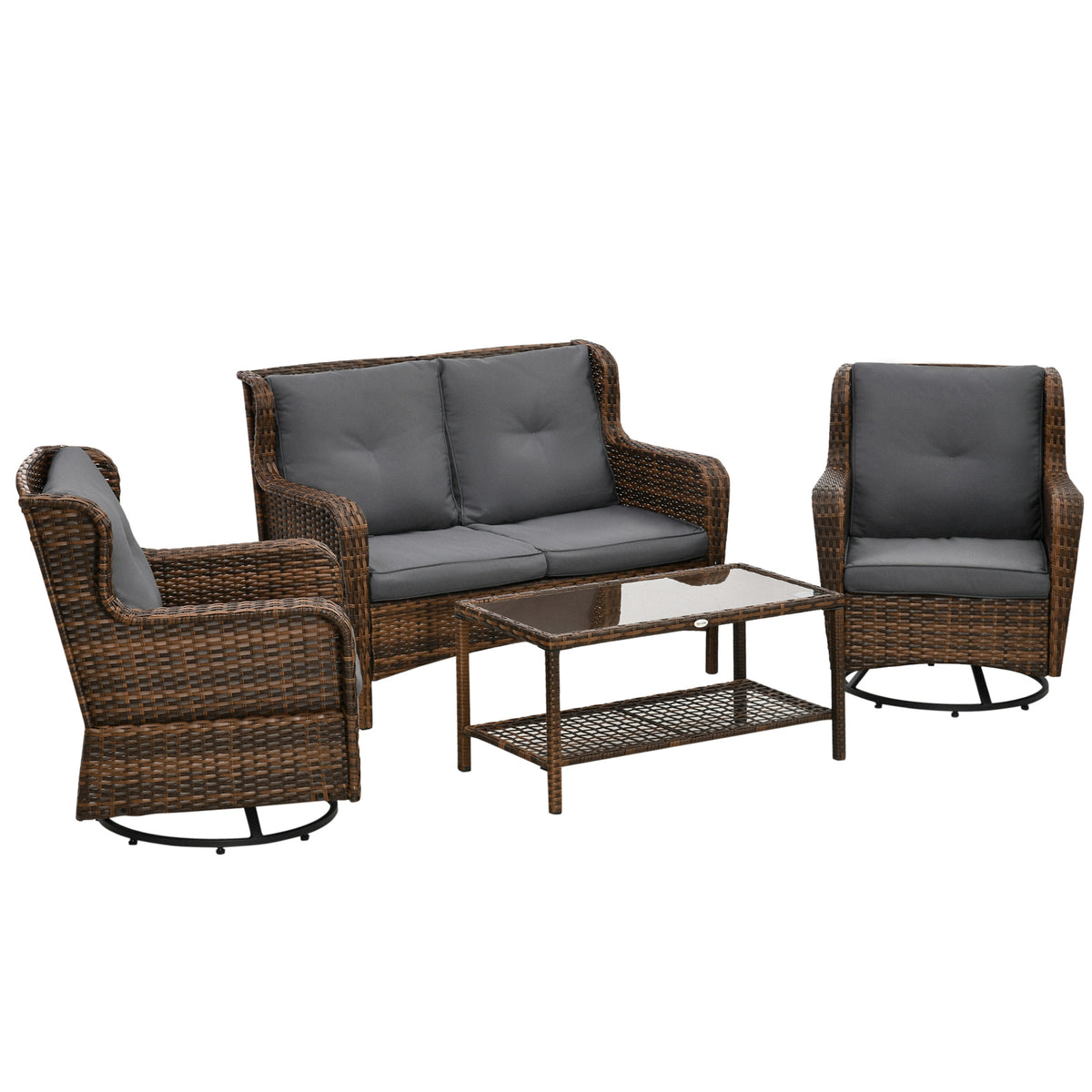 4 Piece PE Rattan Outdoor Patio Furniture Set, Wicker Conversation Set with 2 Swivel Glider Chairs, 2-Tier Glass Table and Loveseat for Garden, Patio, Poolside, Gray