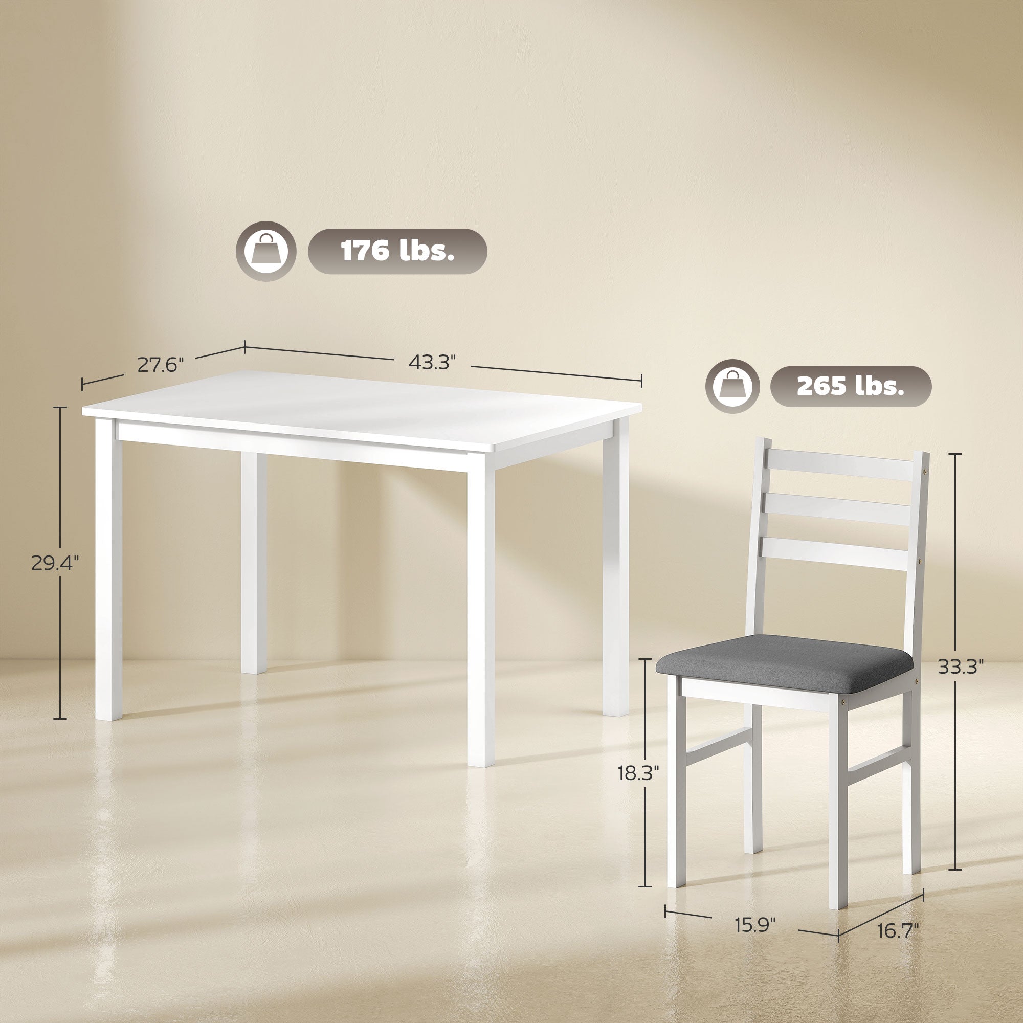 5-Piece Small Kitchen Table Set for 4, Farmhouse Dining Table Set with Upholstered Chairs and Rubber Wood Legs, White