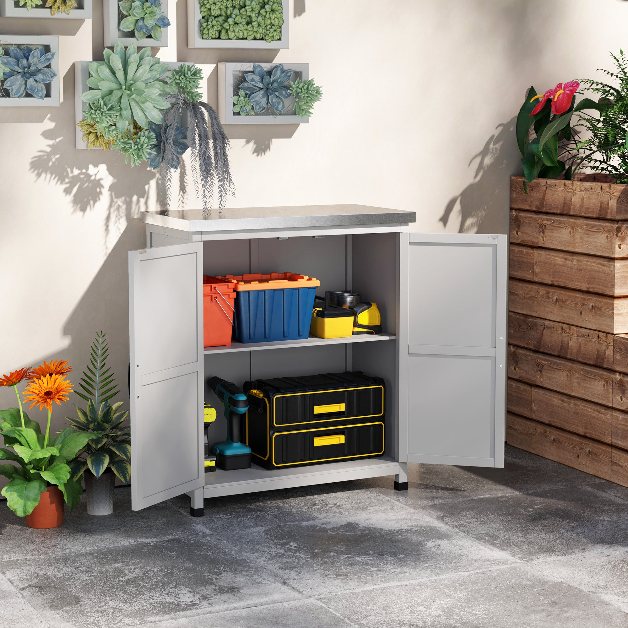 Wooden Storage Cabinet, Outdoor Prep Table with Metal Tabletop, Shelves and Double Doors for Patio, Garden, Gray