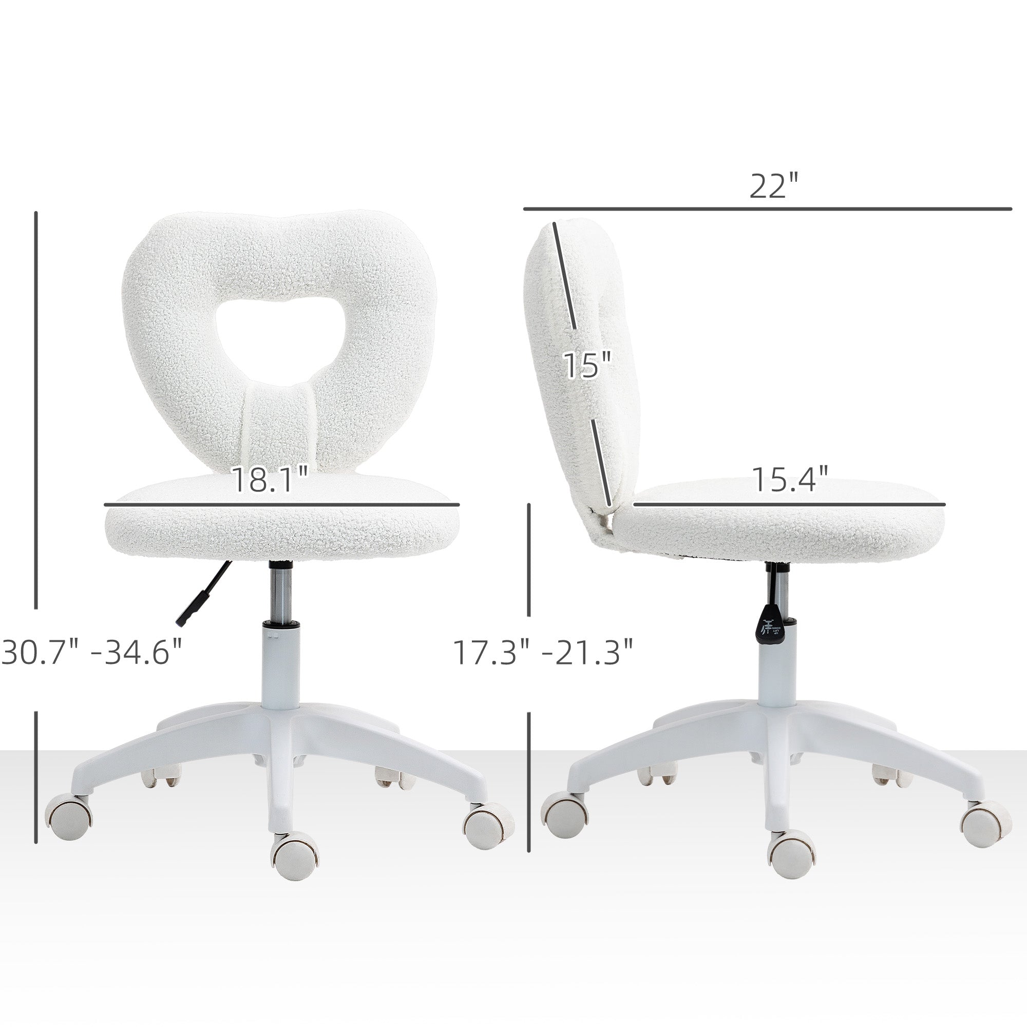 Armless Computer Desk Chair, Office Task Chair, Teddy Fleece Heart Makeup Vanity Chair with Swivel Wheels, White